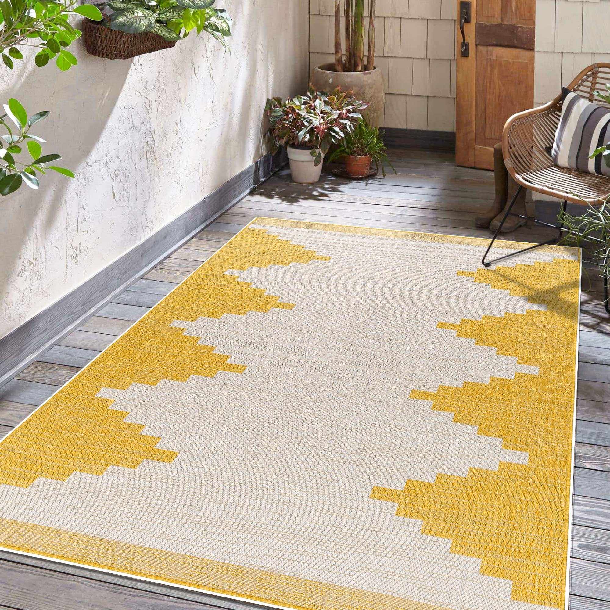 Mustard and Ivory Modern Geometrical Outdoor Safe Multi size Area Rug - Image 2
