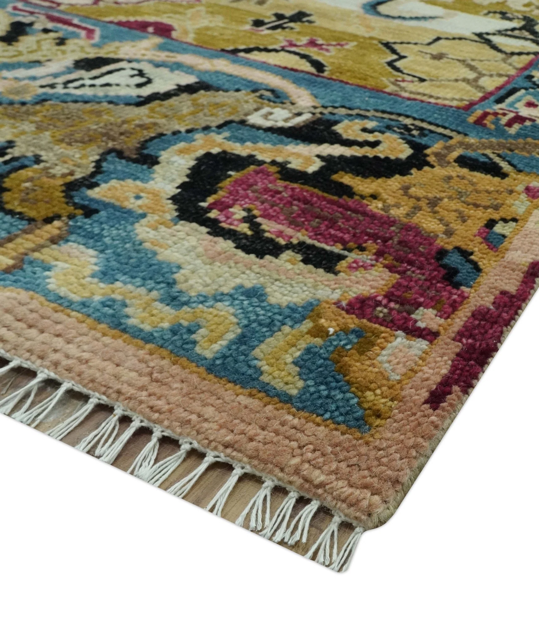 Mustard and Teal Transitional Dragon Oushak 8x10 hand knotted wool area rug - Image 5