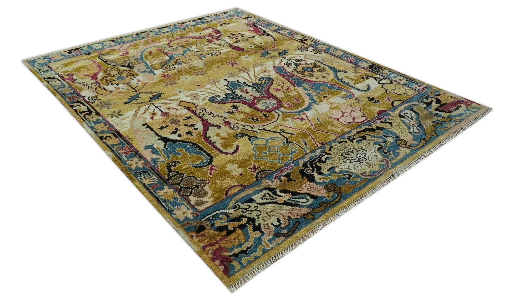 Mustard and Teal Transitional Dragon Oushak 8x10 hand knotted wool area rug - Image 9