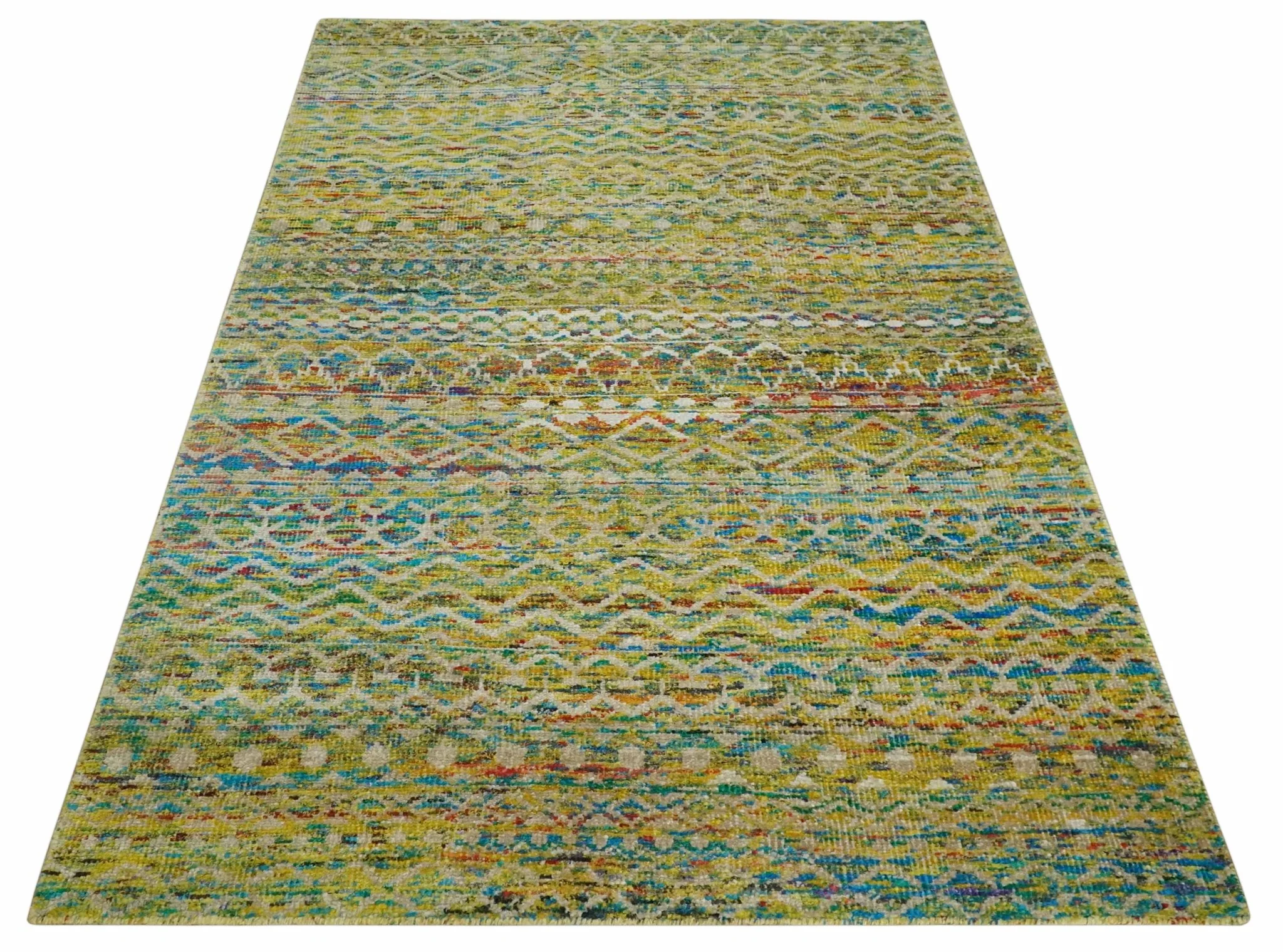 Hand Knotted Mustard, Aqua, Brown and Ivory 5.7x9 Modern Contemporary Southwestern Tribal Trellis Recycled Art Silk Area Rug - Image 10