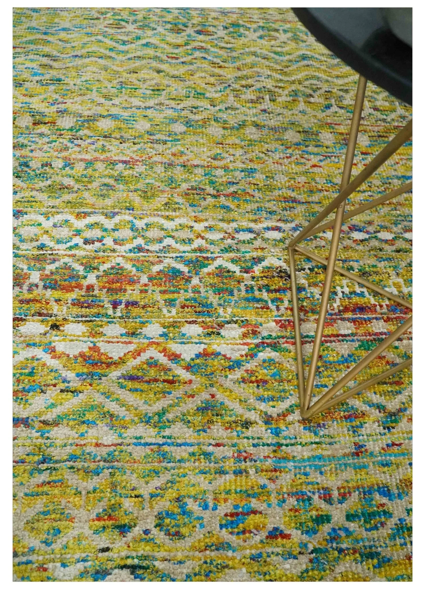 Hand Knotted Mustard, Aqua, Brown and Ivory 5.7x9 Modern Contemporary Southwestern Tribal Trellis Recycled Art Silk Area Rug - Image 2