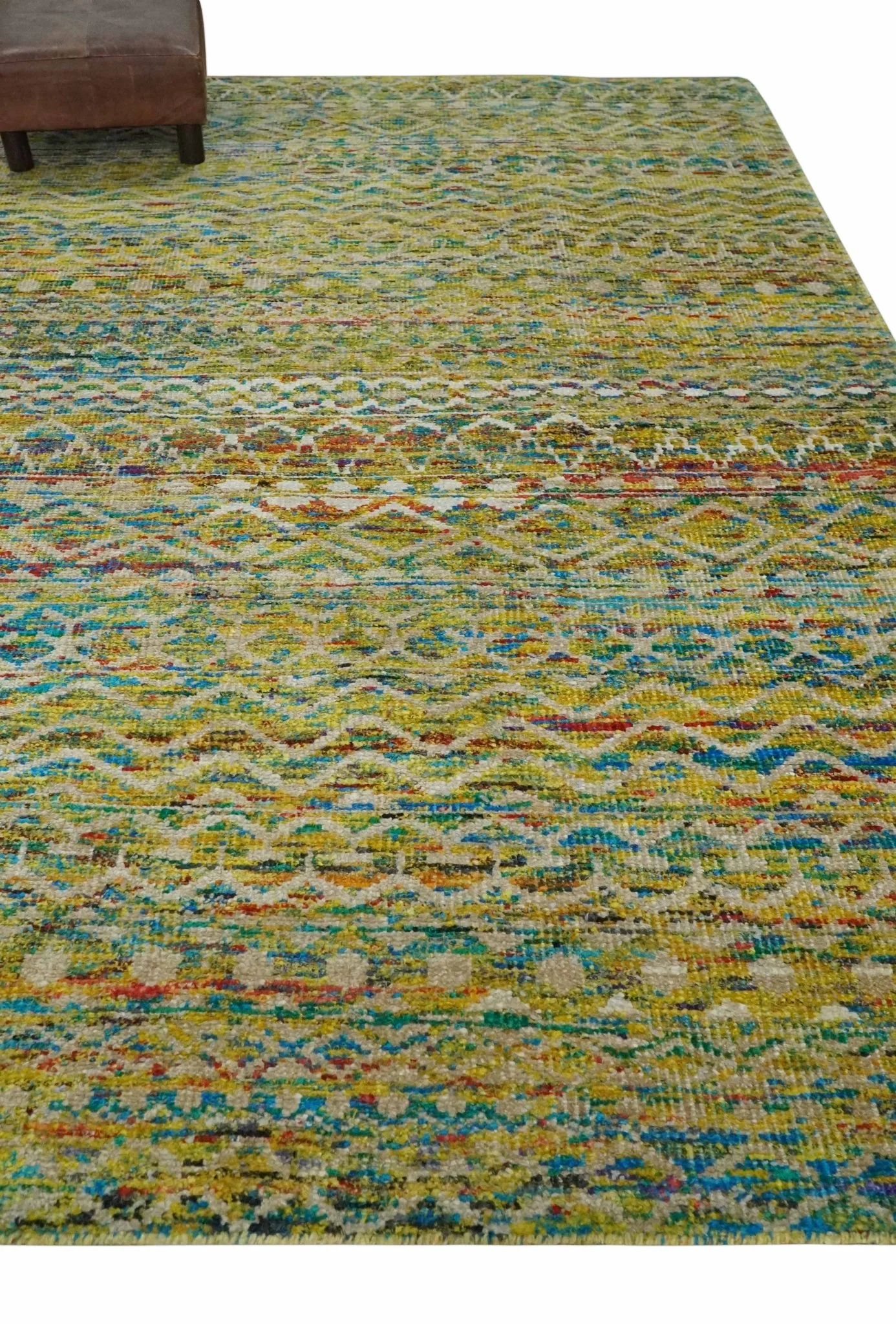 Hand Knotted Mustard, Aqua, Brown and Ivory 5.7x9 Modern Contemporary Southwestern Tribal Trellis Recycled Art Silk Area Rug - Image 3