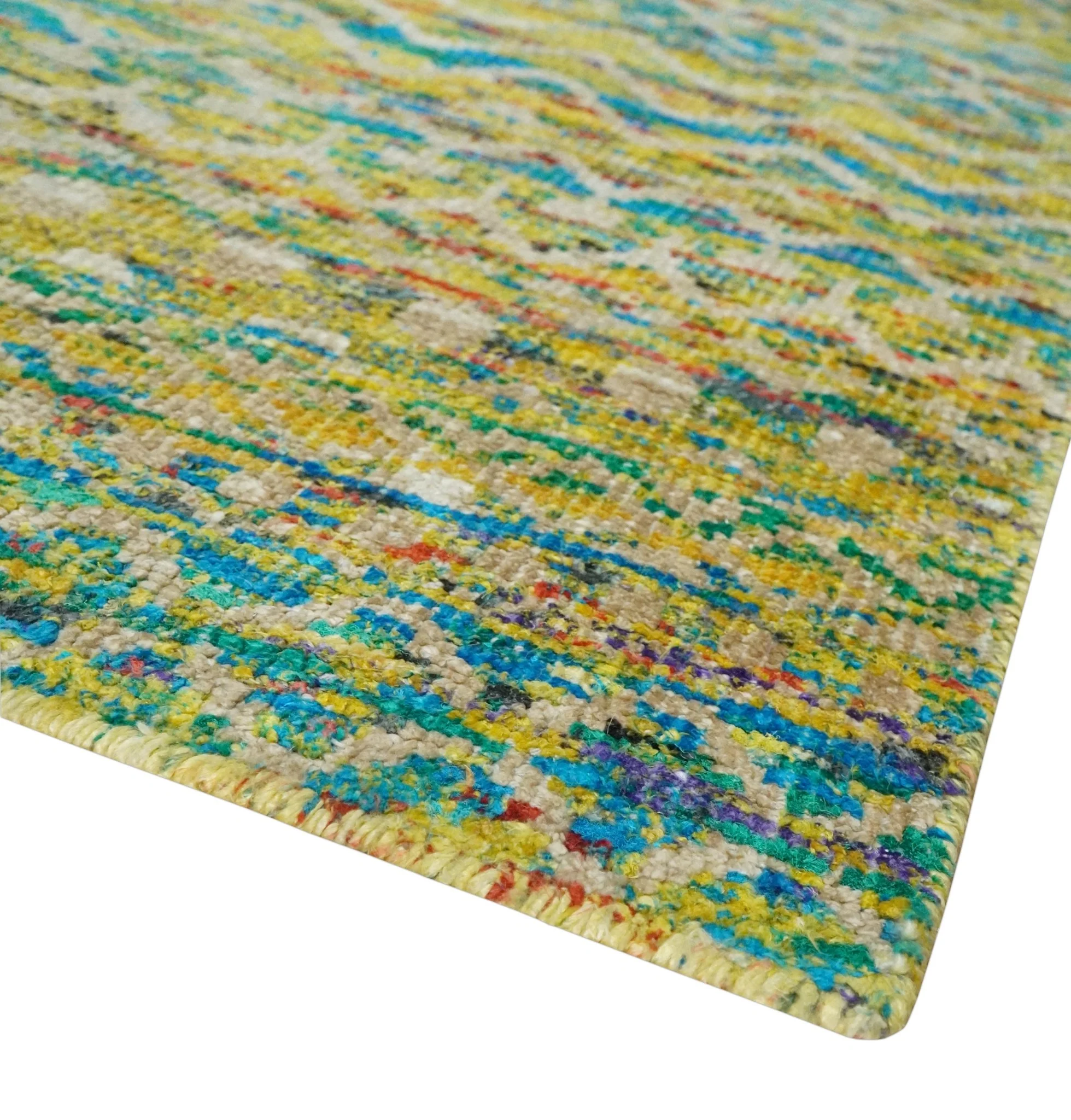 Hand Knotted Mustard, Aqua, Brown and Ivory 5.7x9 Modern Contemporary Southwestern Tribal Trellis Recycled Art Silk Area Rug - Image 5