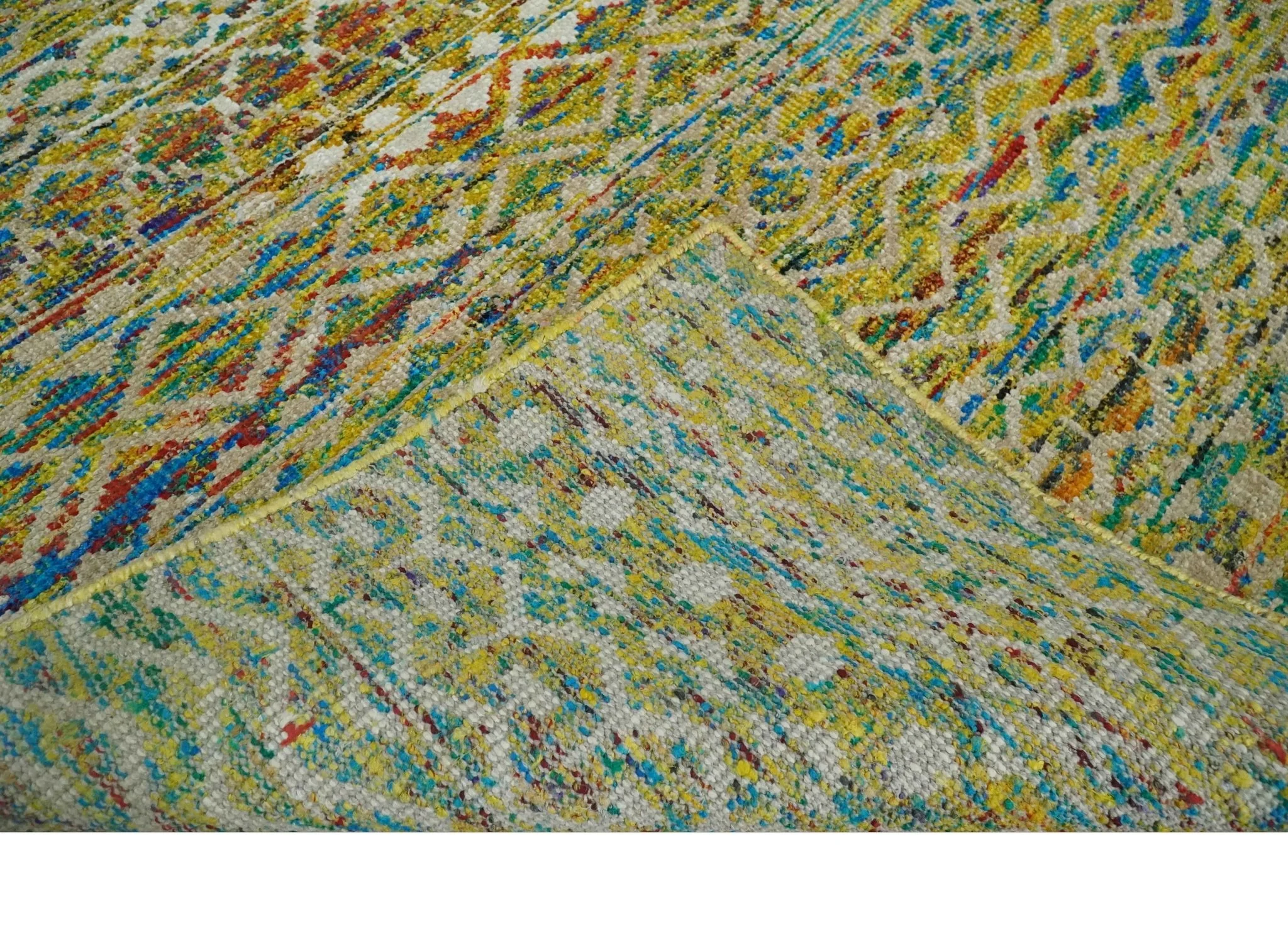 Hand Knotted Mustard, Aqua, Brown and Ivory 5.7x9 Modern Contemporary Southwestern Tribal Trellis Recycled Art Silk Area Rug - Image 6