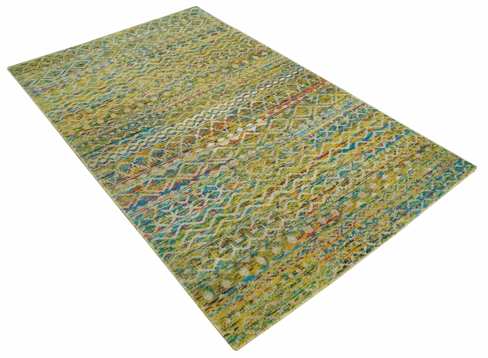 Hand Knotted Mustard, Aqua, Brown and Ivory 5.7x9 Modern Contemporary Southwestern Tribal Trellis Recycled Art Silk Area Rug - Image 9