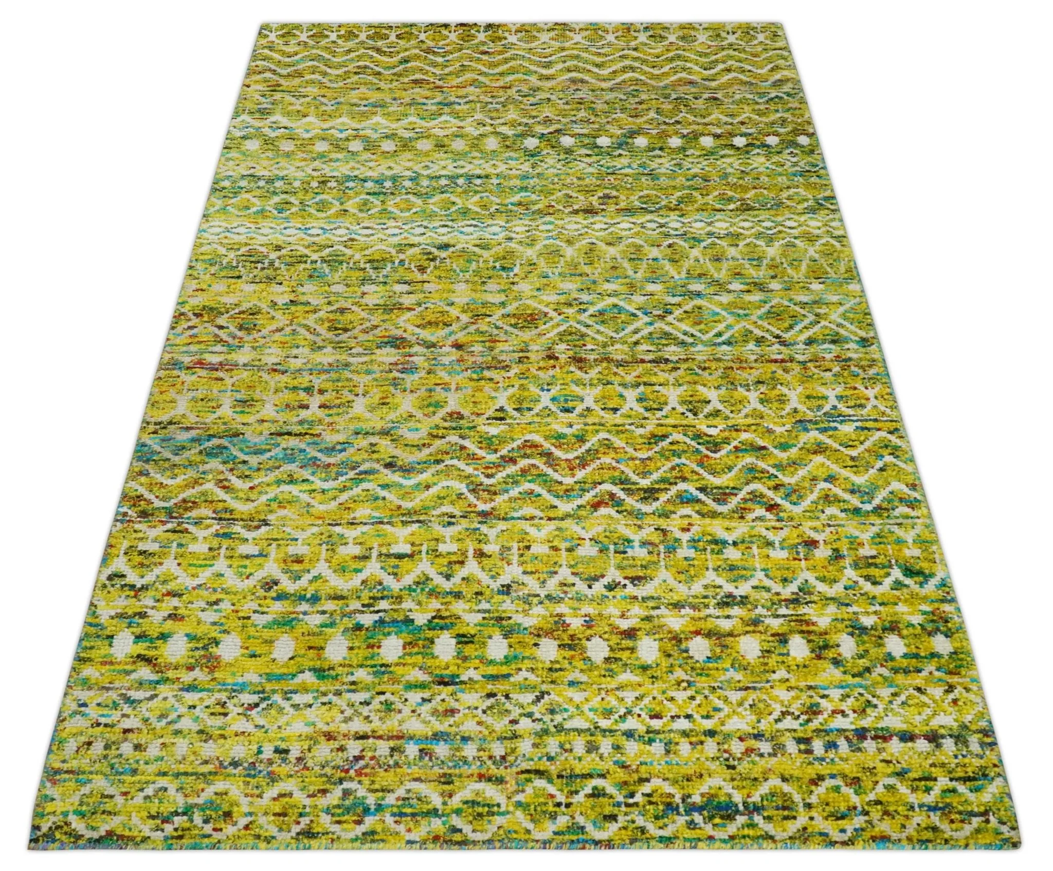 Hand Knotted Mustard, Aqua, Brown and Ivory 5.6x8.6 Modern Contemporary Southwestern Tribal Trellis Recycled Art Silk Area Rug - Image 10