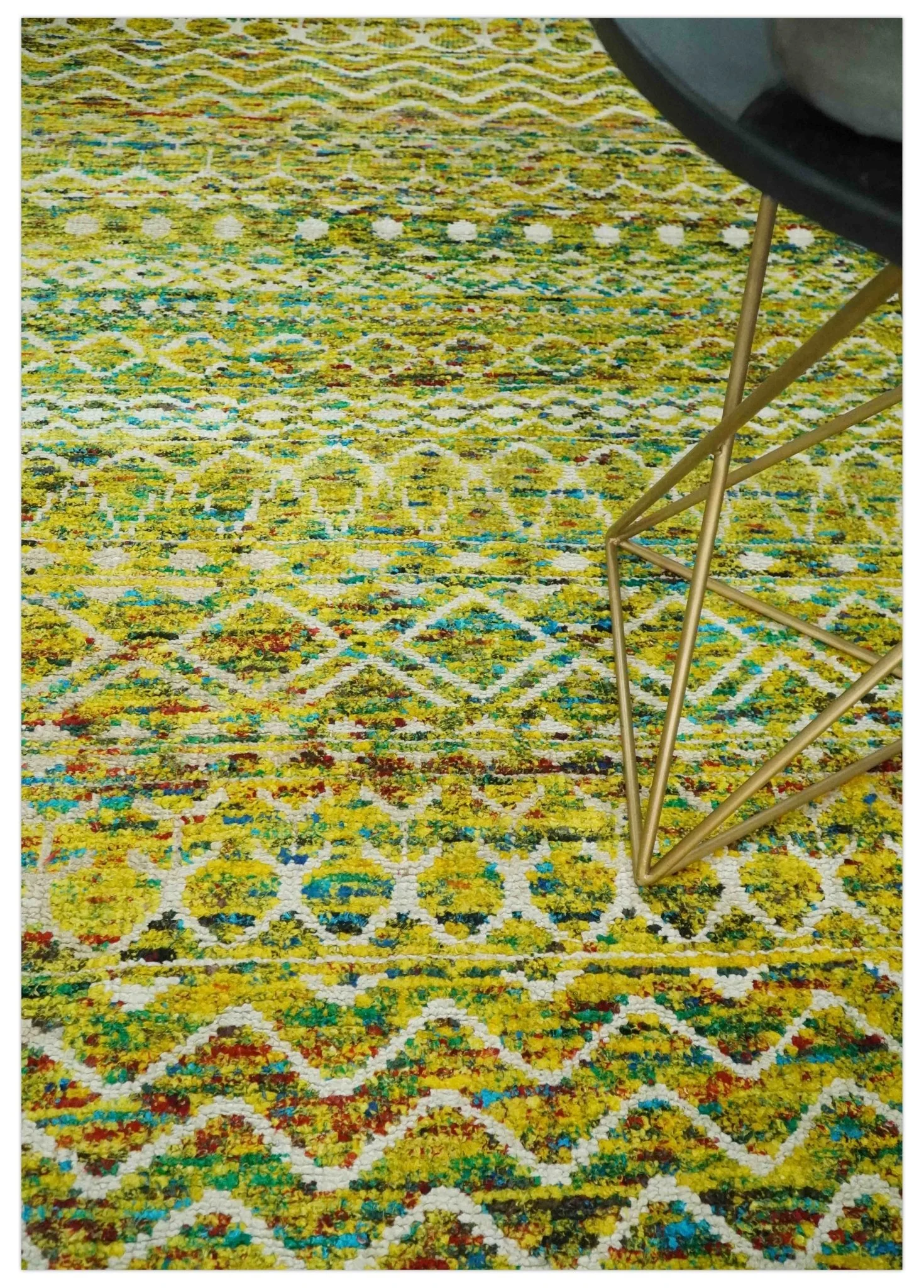 Hand Knotted Mustard, Aqua, Brown and Ivory 5.6x8.6 Modern Contemporary Southwestern Tribal Trellis Recycled Art Silk Area Rug - Image 2