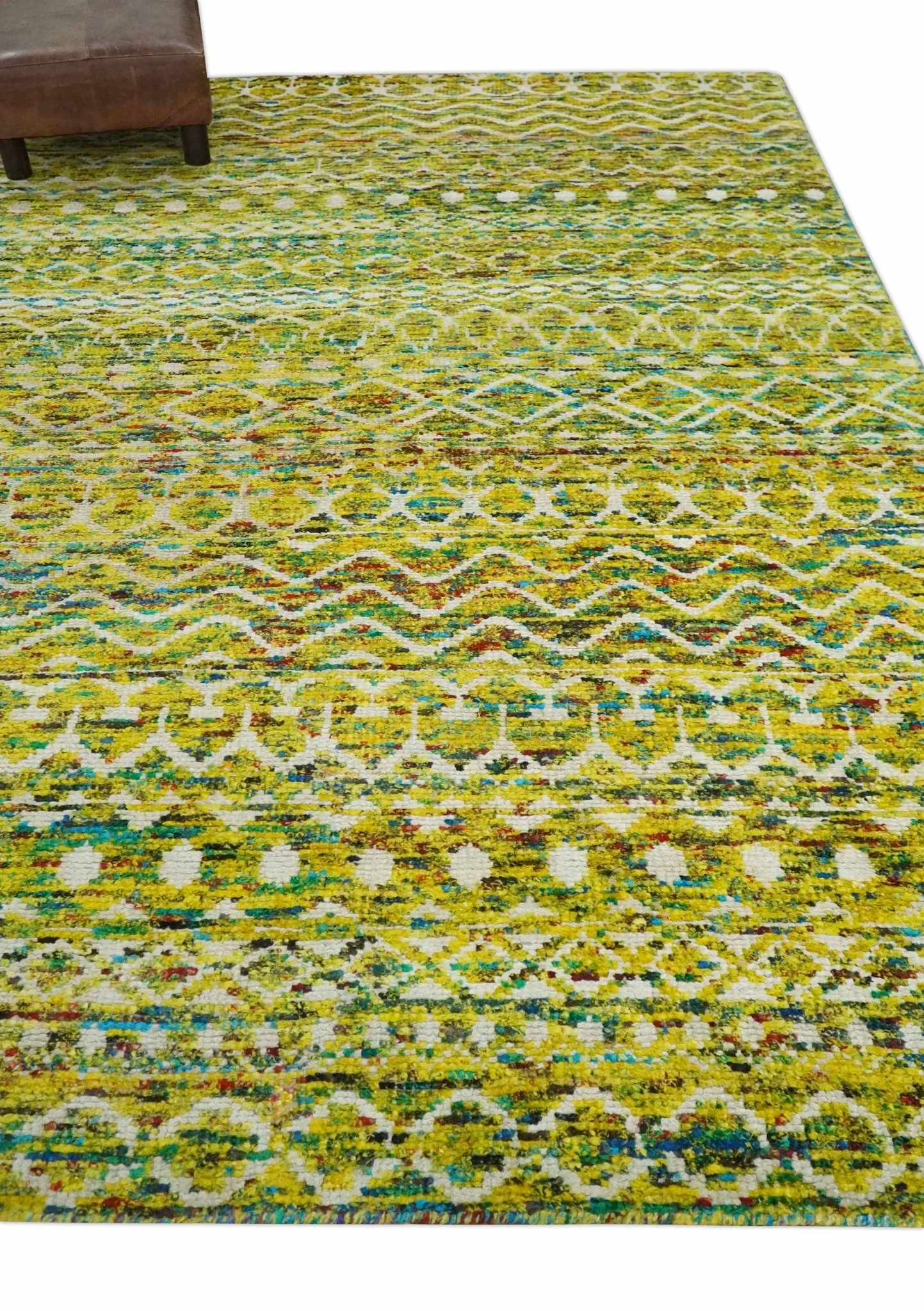 Hand Knotted Mustard, Aqua, Brown and Ivory 5.6x8.6 Modern Contemporary Southwestern Tribal Trellis Recycled Art Silk Area Rug - Image 3