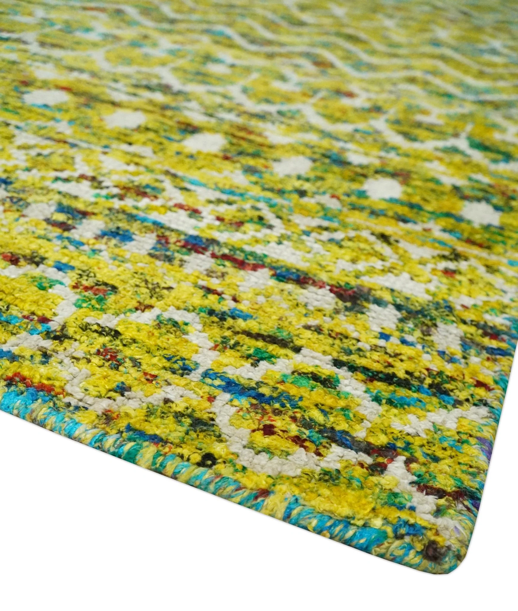 Hand Knotted Mustard, Aqua, Brown and Ivory 5.6x8.6 Modern Contemporary Southwestern Tribal Trellis Recycled Art Silk Area Rug - Image 5