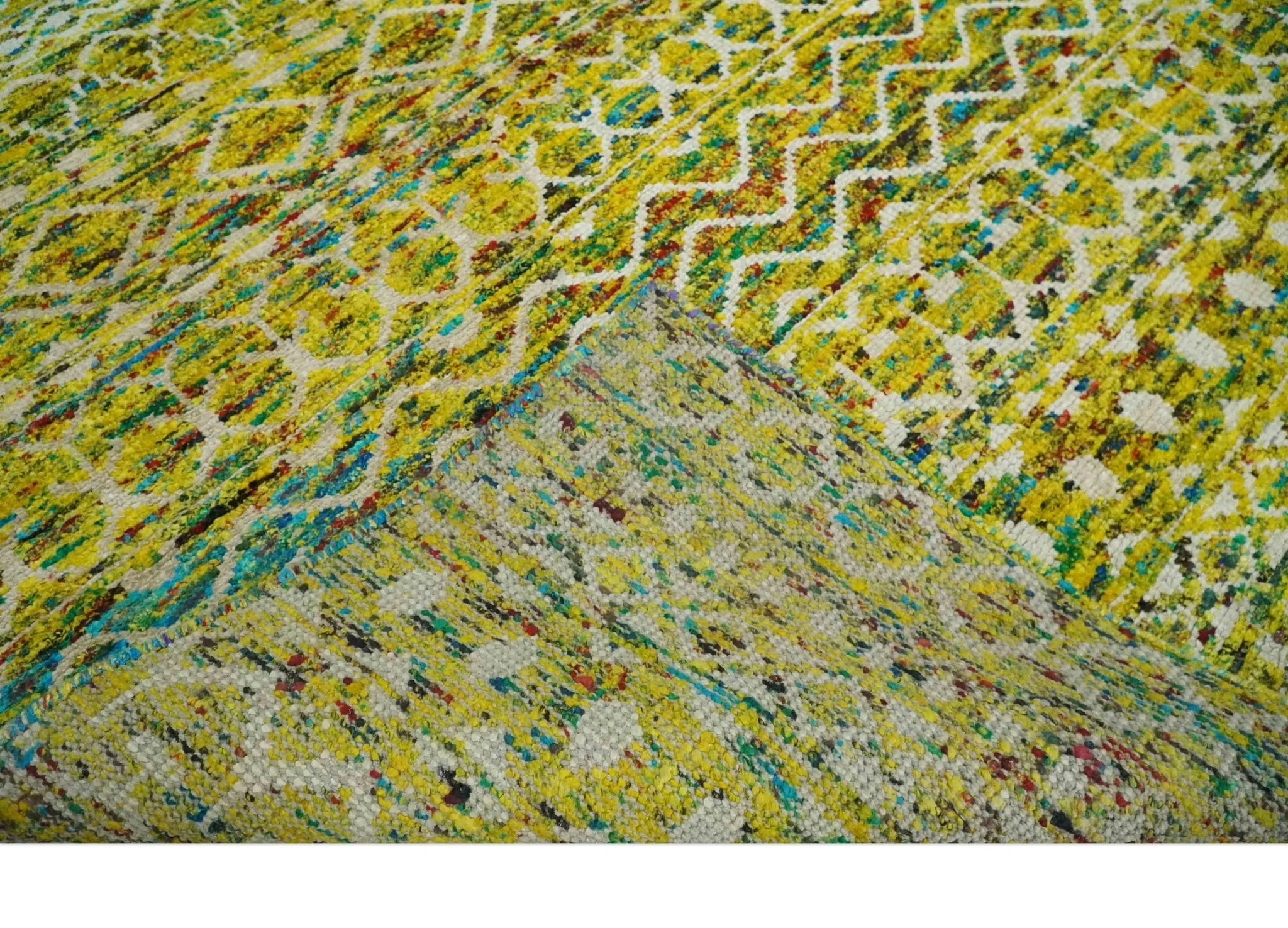 Hand Knotted Mustard, Aqua, Brown and Ivory 5.6x8.6 Modern Contemporary Southwestern Tribal Trellis Recycled Art Silk Area Rug - Image 7