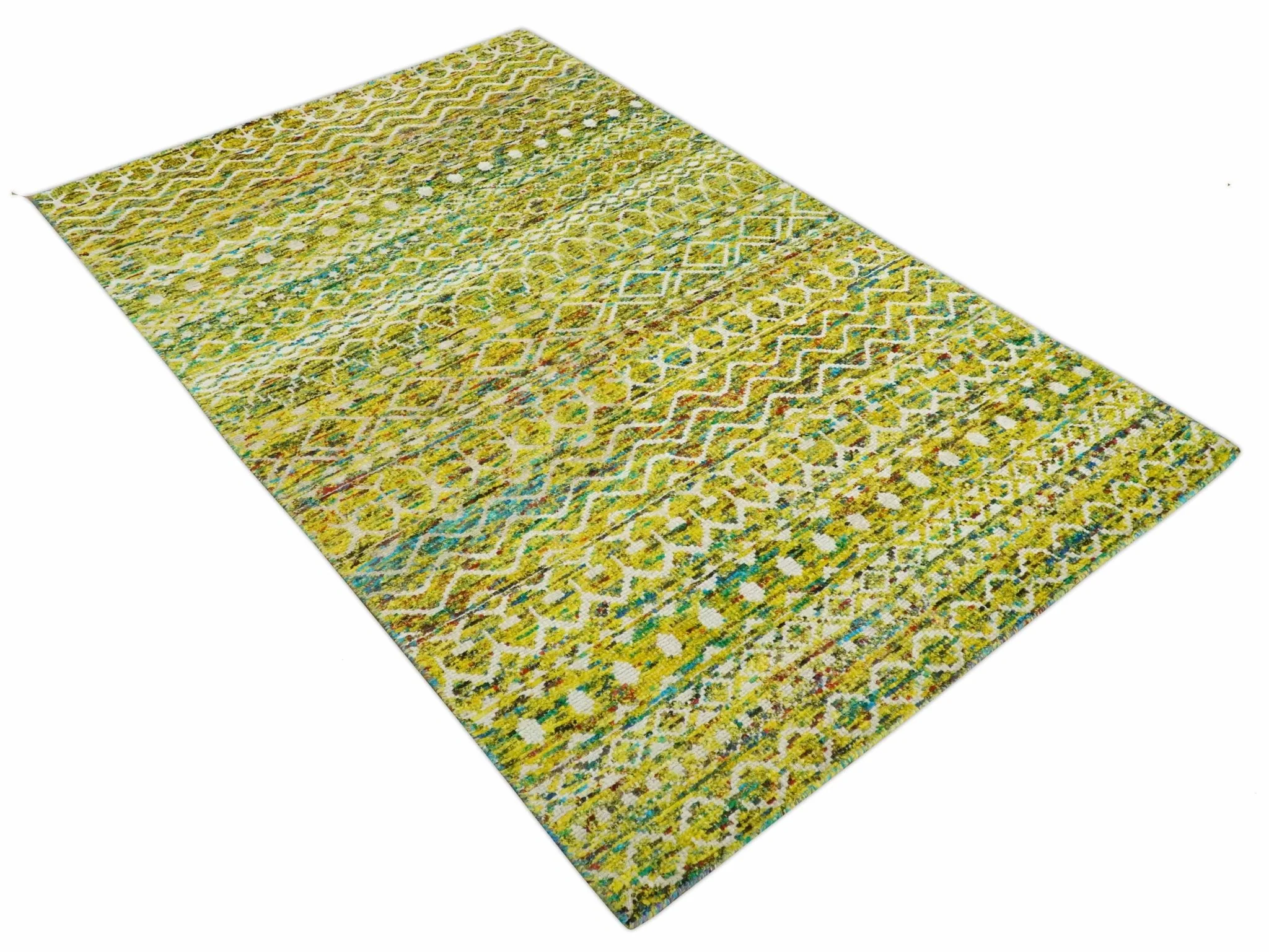 Hand Knotted Mustard, Aqua, Brown and Ivory 5.6x8.6 Modern Contemporary Southwestern Tribal Trellis Recycled Art Silk Area Rug - Image 9
