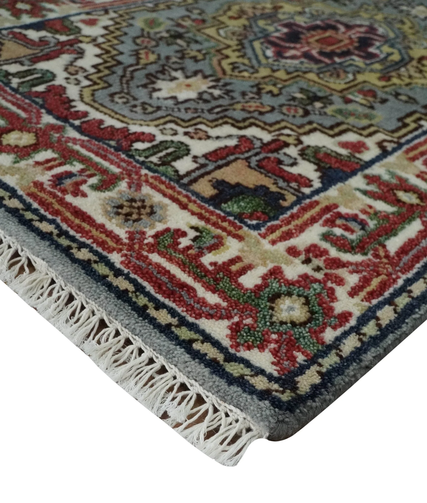 12 feet runner Mustard, Charcoal and Ivory Hand knotted Traditional wool Area Rug - Image 3