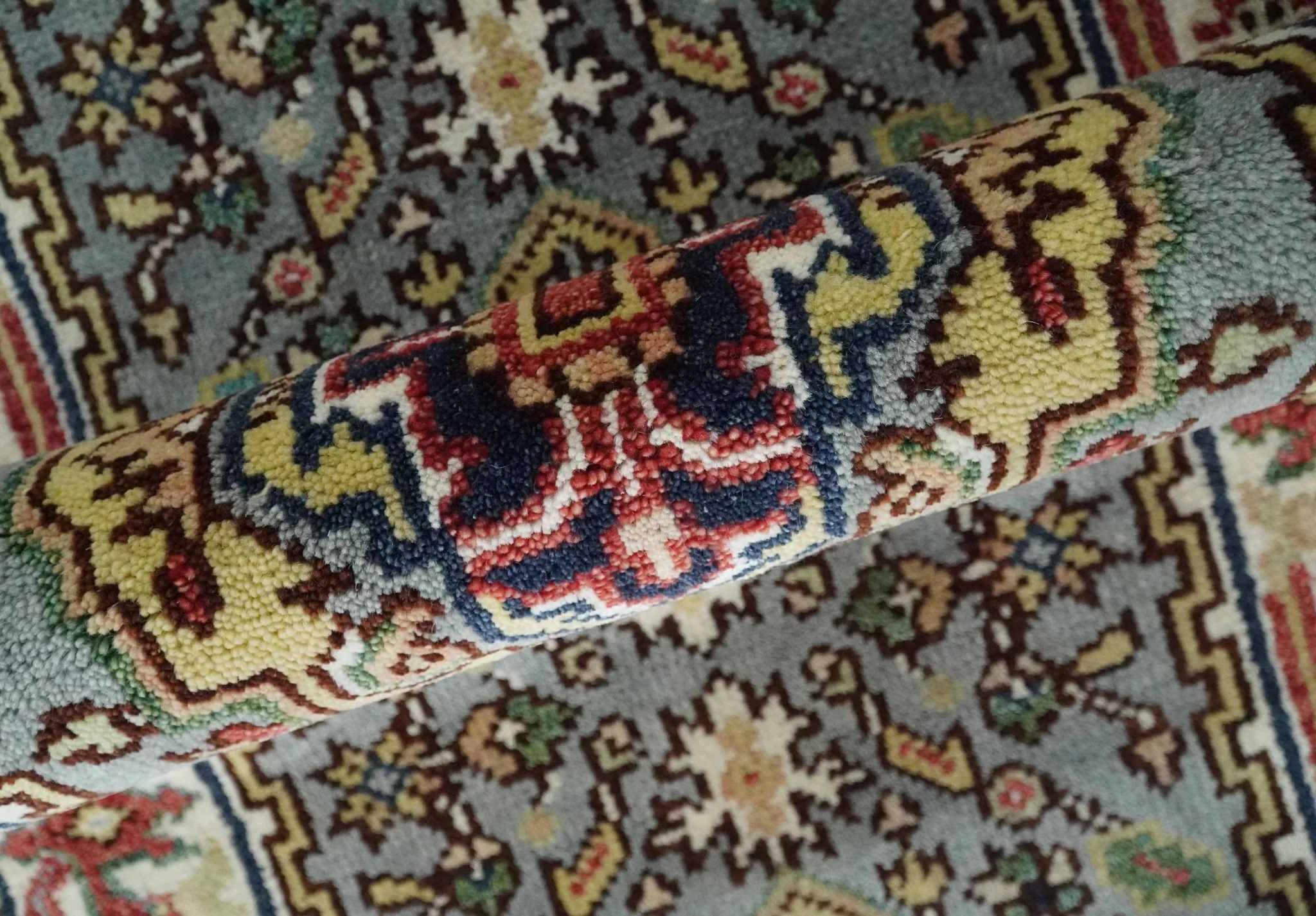 12 feet runner Mustard, Charcoal and Ivory Hand knotted Traditional wool Area Rug - Image 4