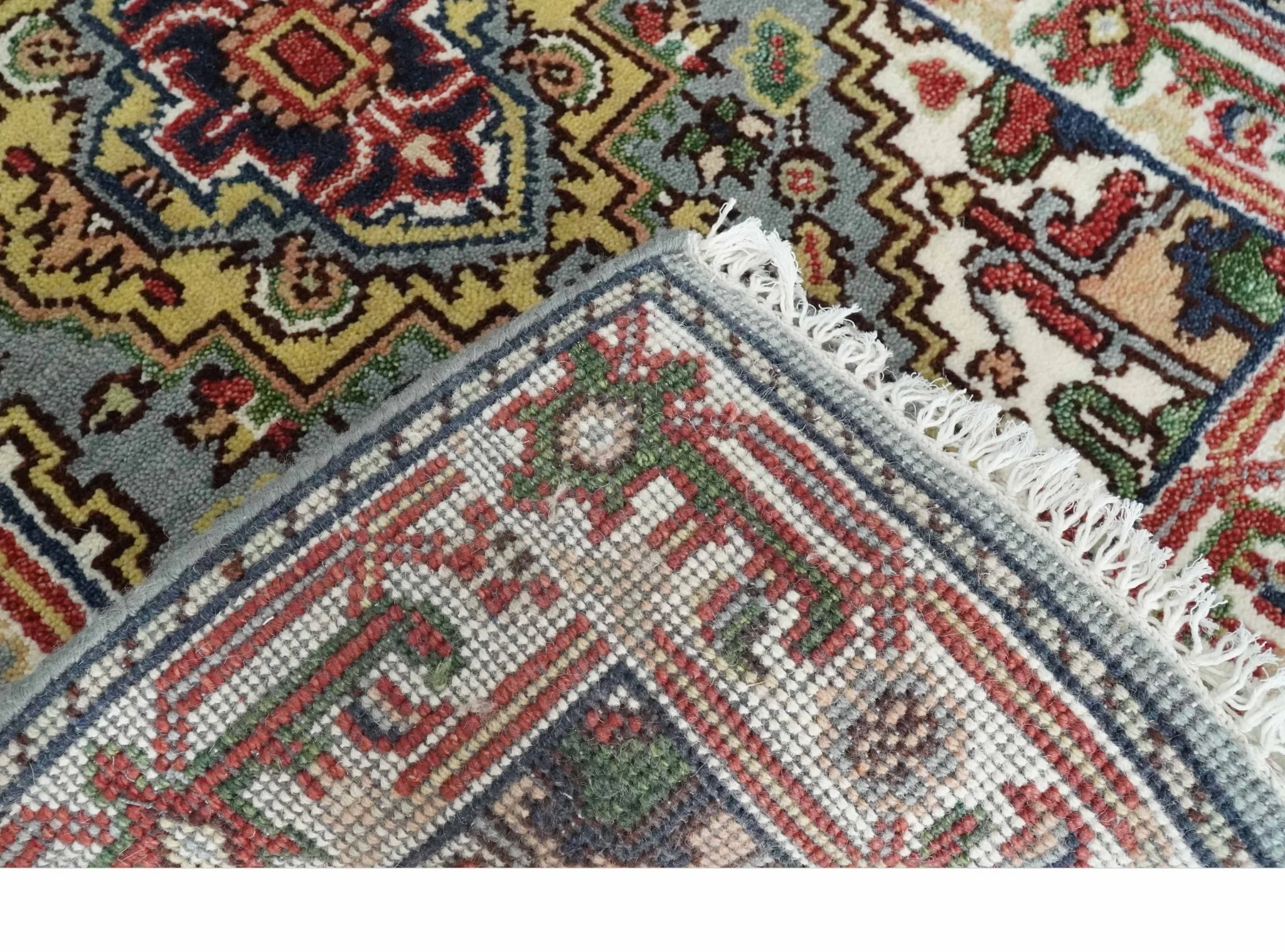 12 feet runner Mustard, Charcoal and Ivory Hand knotted Traditional wool Area Rug - Image 5