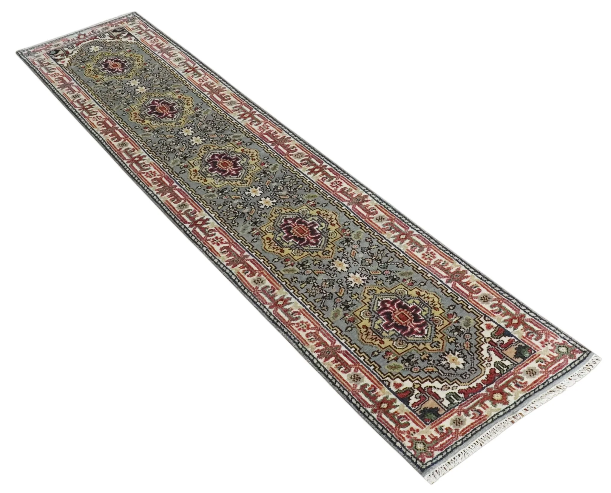 12 feet runner Mustard, Charcoal and Ivory Hand knotted Traditional wool Area Rug - Image 6