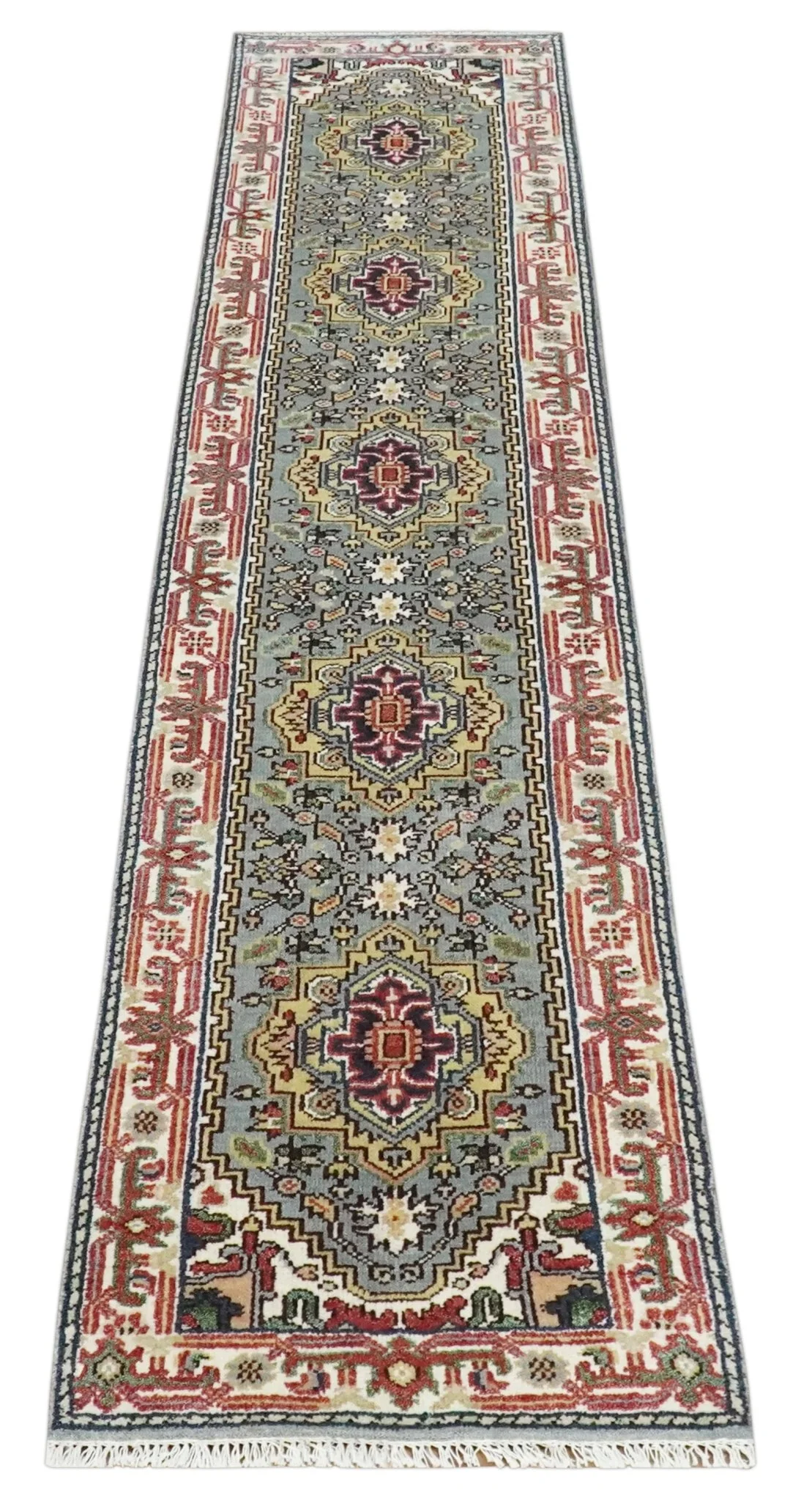 12 feet runner Mustard, Charcoal and Ivory Hand knotted Traditional wool Area Rug - Image 8