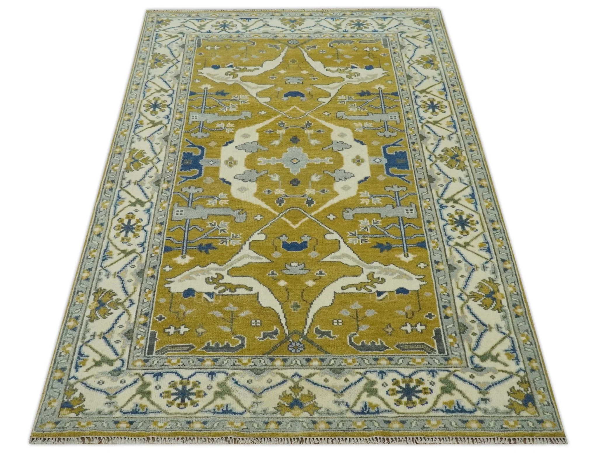Hand Knotted Mustard, Ivory and Blue Traditional Oriental Oushak 6x9 wool area rug - Image 10