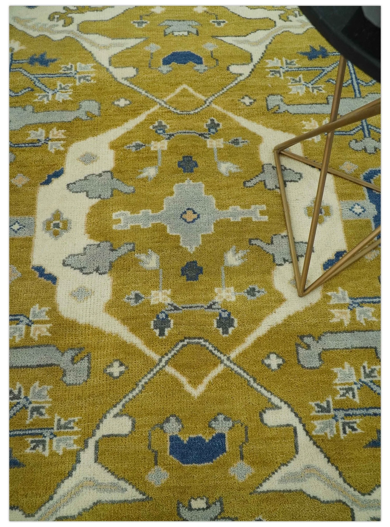 Hand Knotted Mustard, Ivory and Blue Traditional Oriental Oushak 6x9 wool area rug - Image 2