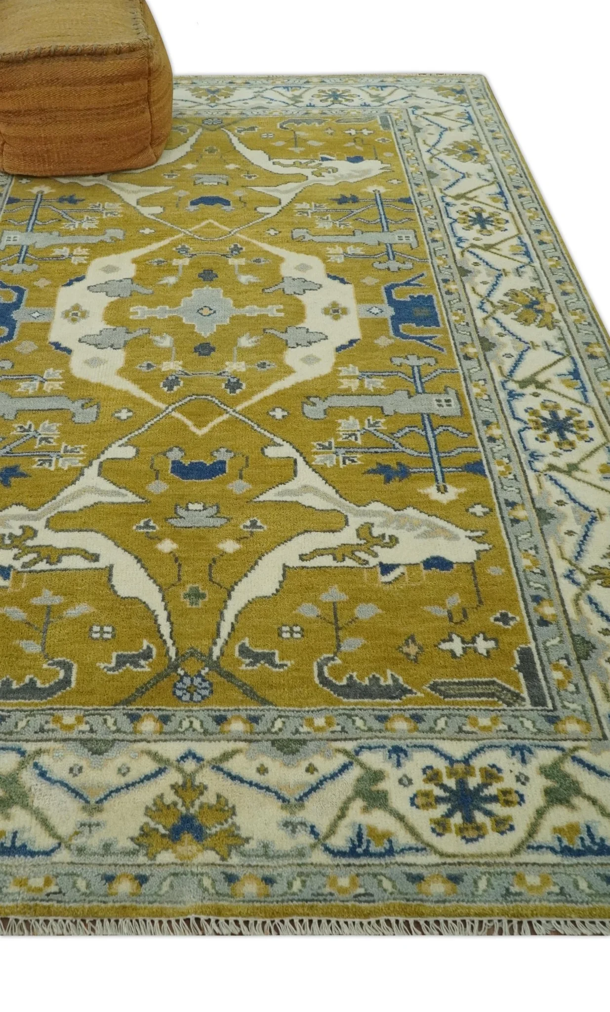 Hand Knotted Mustard, Ivory and Blue Traditional Oriental Oushak 6x9 wool area rug - Image 3