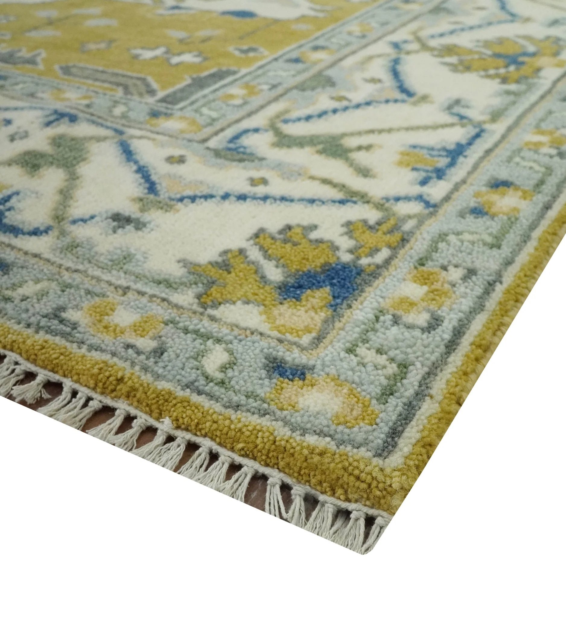 Hand Knotted Mustard, Ivory and Blue Traditional Oriental Oushak 6x9 wool area rug - Image 5