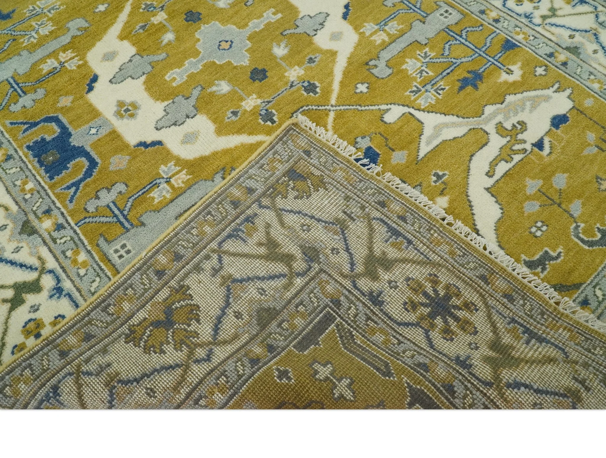 Hand Knotted Mustard, Ivory and Blue Traditional Oriental Oushak 6x9 wool area rug - Image 7