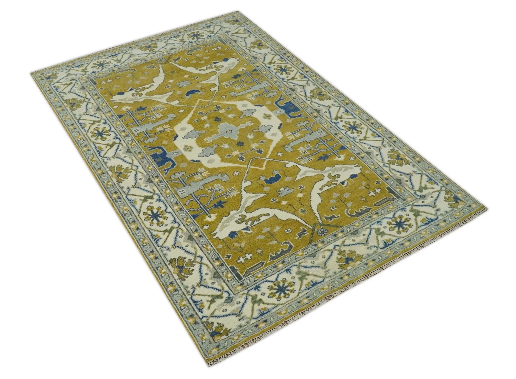 Hand Knotted Mustard, Ivory and Blue Traditional Oriental Oushak 6x9 wool area rug - Image 9