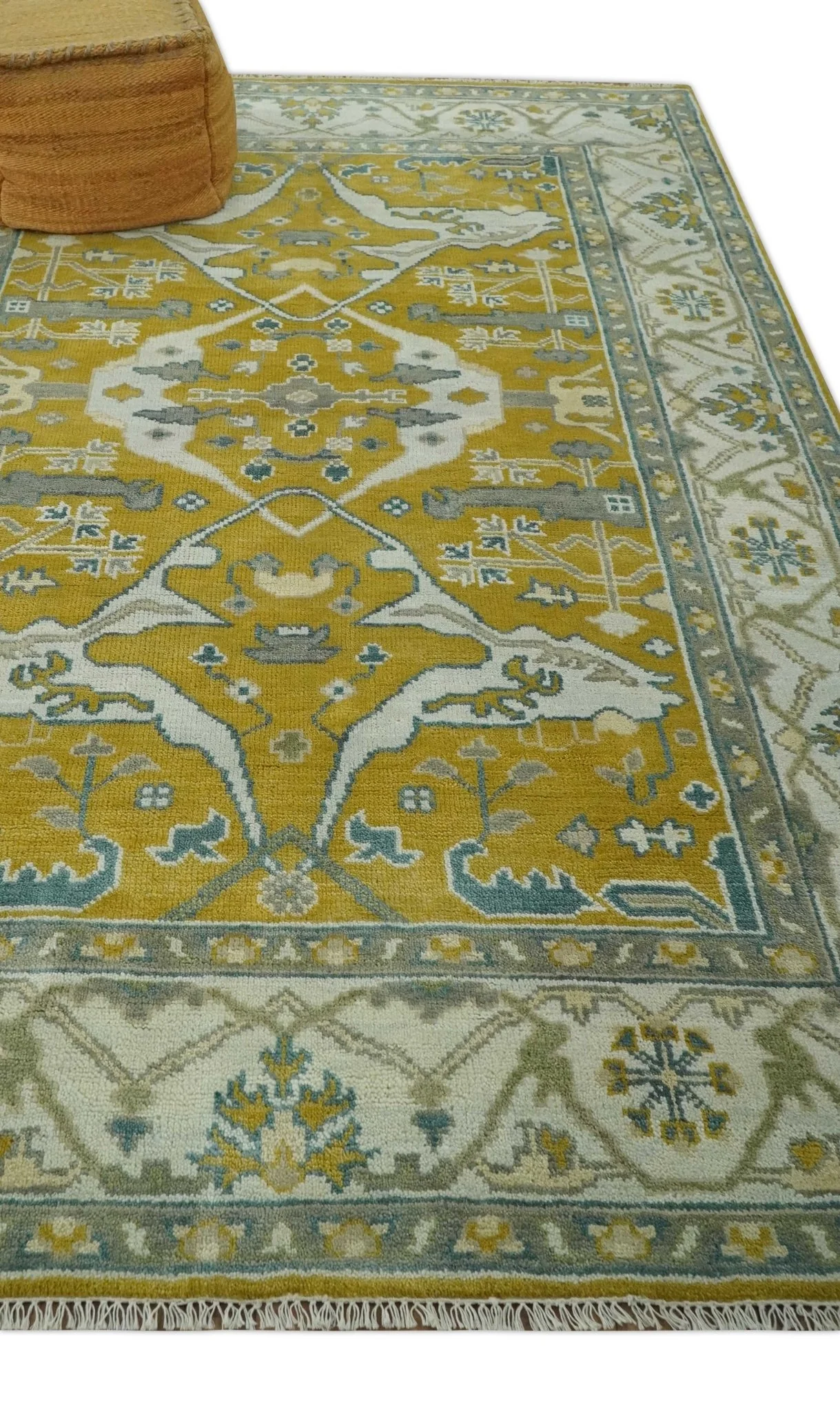 6x9 Mustard, Ivory and Gray Hand Knotted Traditional Oriental Oushak wool area rug - Image 10