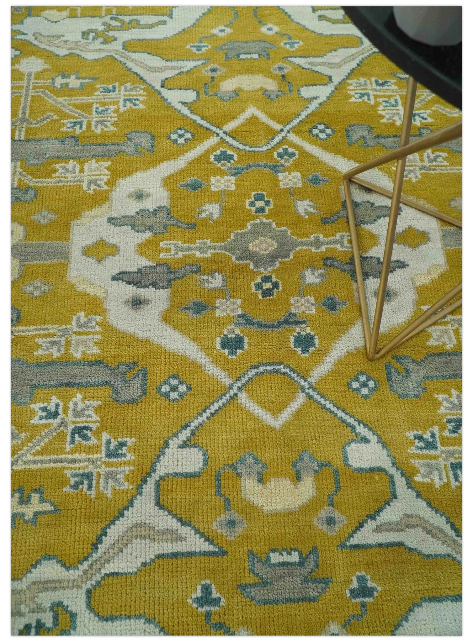 6x9 Mustard, Ivory and Gray Hand Knotted Traditional Oriental Oushak wool area rug - Image 2