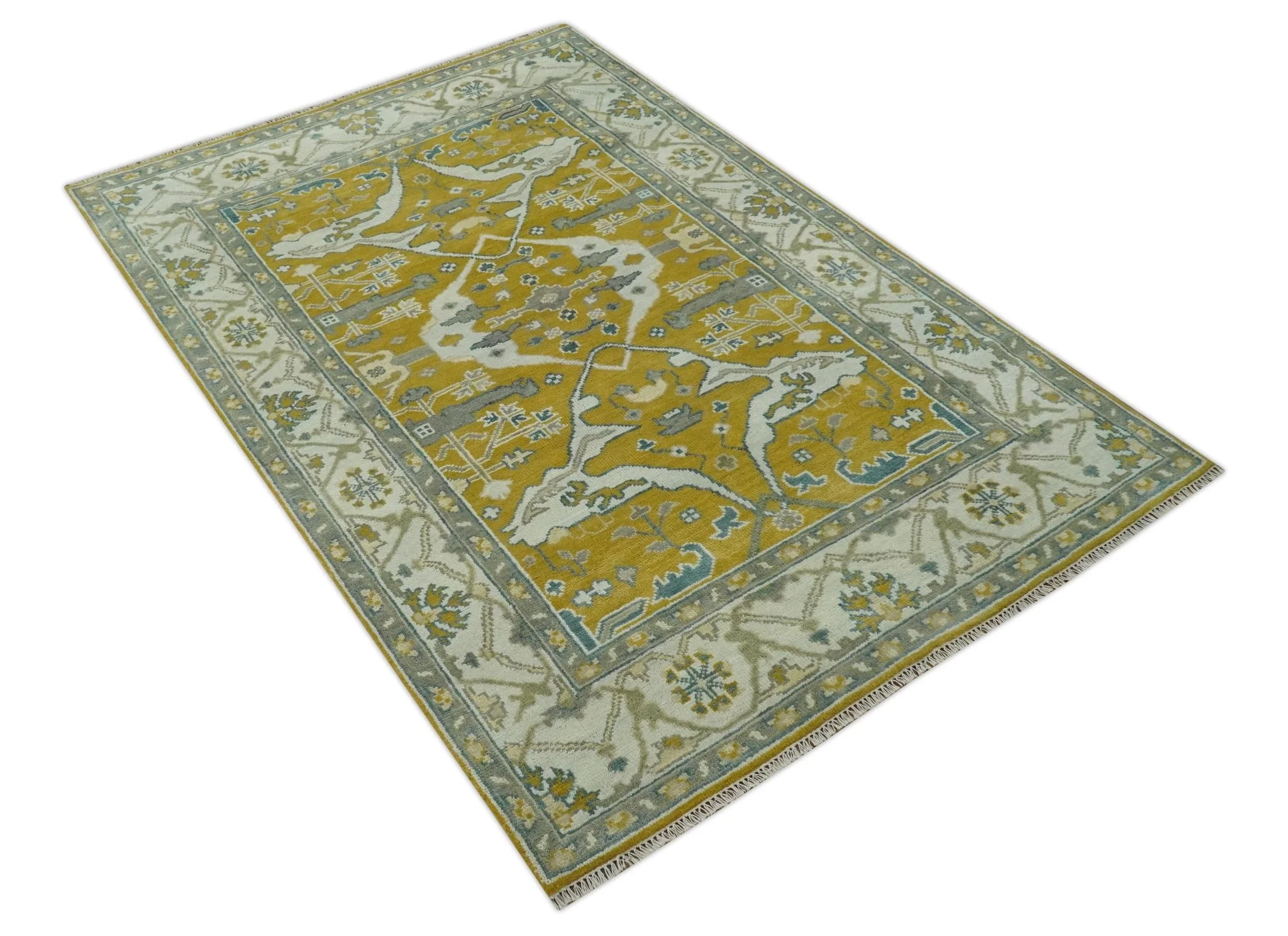 6x9 Mustard, Ivory and Gray Hand Knotted Traditional Oriental Oushak wool area rug - Image 3