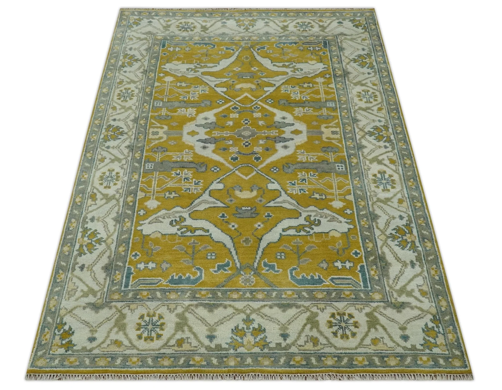 6x9 Mustard, Ivory and Gray Hand Knotted Traditional Oriental Oushak wool area rug - Image 4
