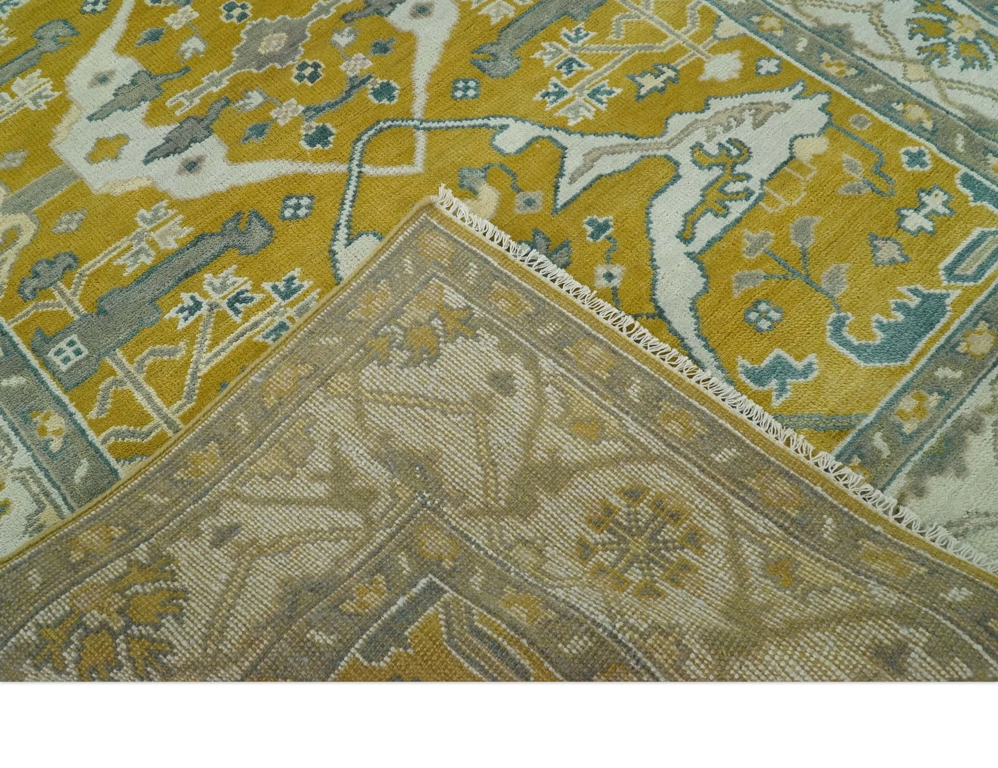 6x9 Mustard, Ivory and Gray Hand Knotted Traditional Oriental Oushak wool area rug - Image 7