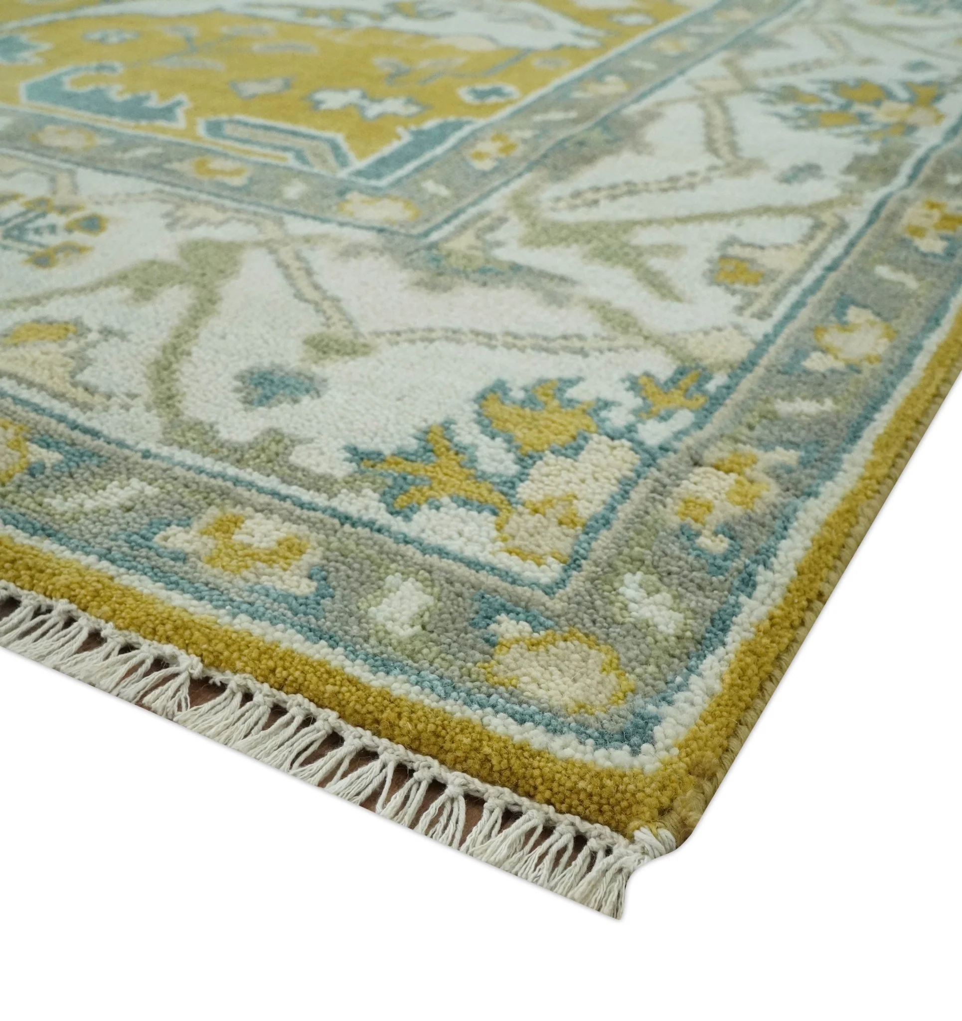 6x9 Mustard, Ivory and Gray Hand Knotted Traditional Oriental Oushak wool area rug - Image 9