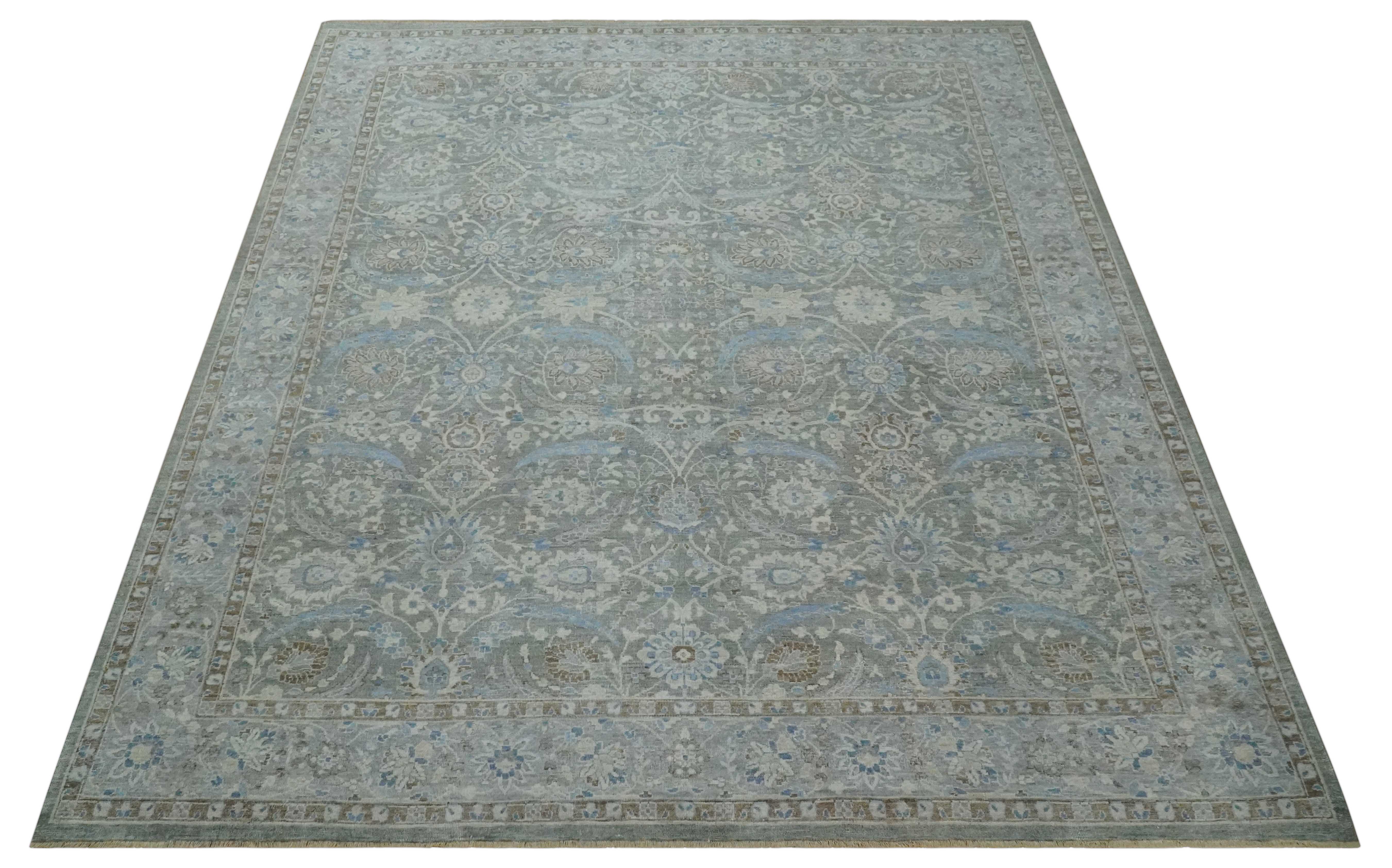 Antique Style Blue, Gray and Beige Hand knotted Classic Distressed Finished Custom Made wool Area Rug - Image 10