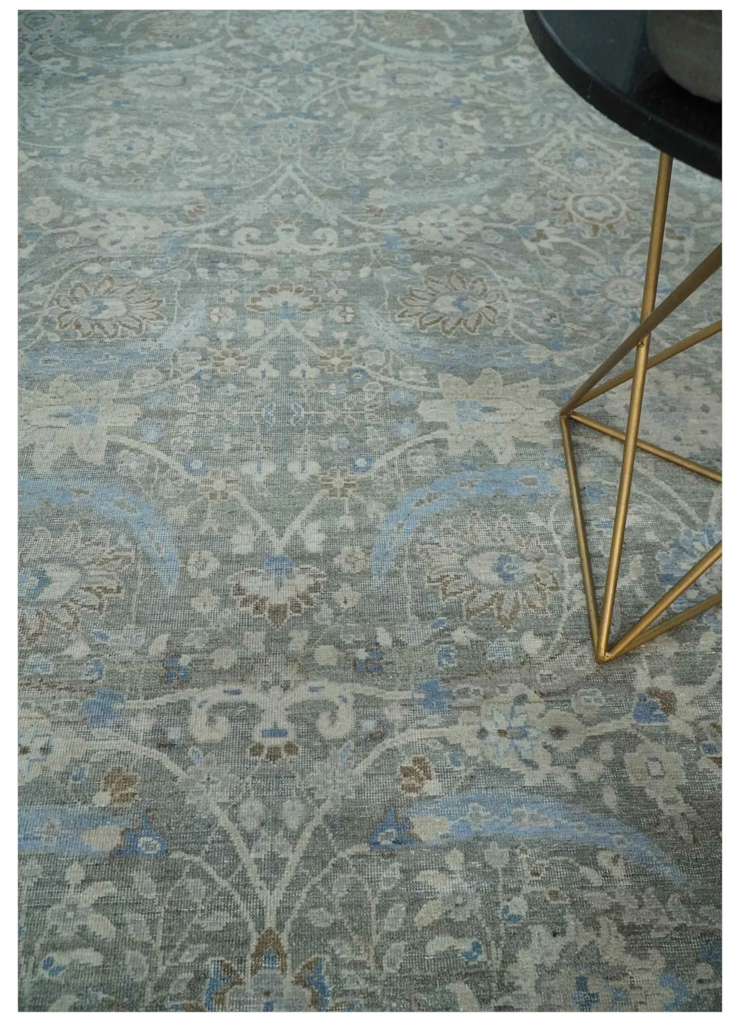 Antique Style Blue, Gray and Beige Hand knotted Classic Distressed Finished Custom Made wool Area Rug - Image 2