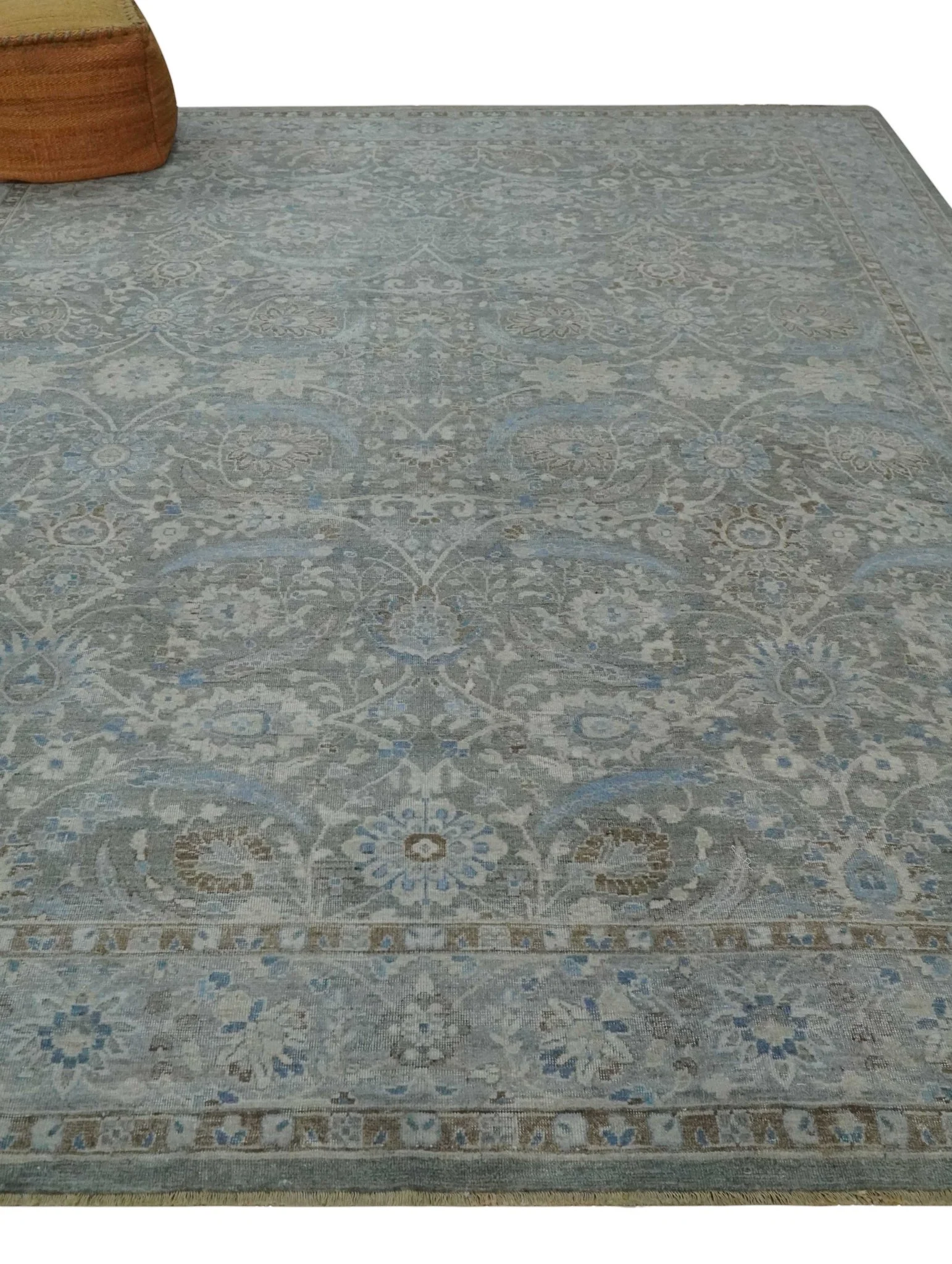 Antique Style Blue, Gray and Beige Hand knotted Classic Distressed Finished Custom Made wool Area Rug - Image 3
