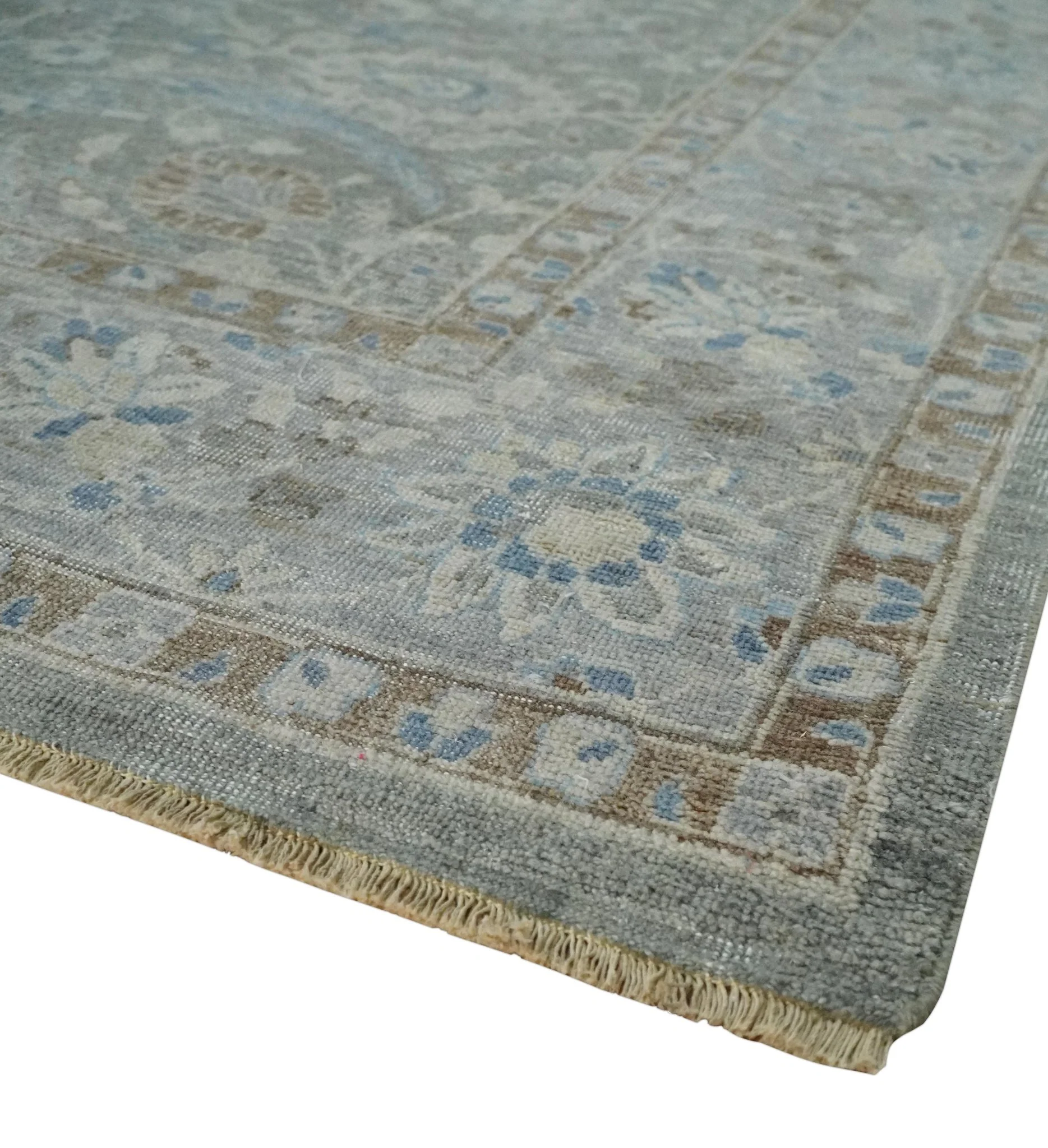 Antique Style Blue, Gray and Beige Hand knotted Classic Distressed Finished Custom Made wool Area Rug - Image 5