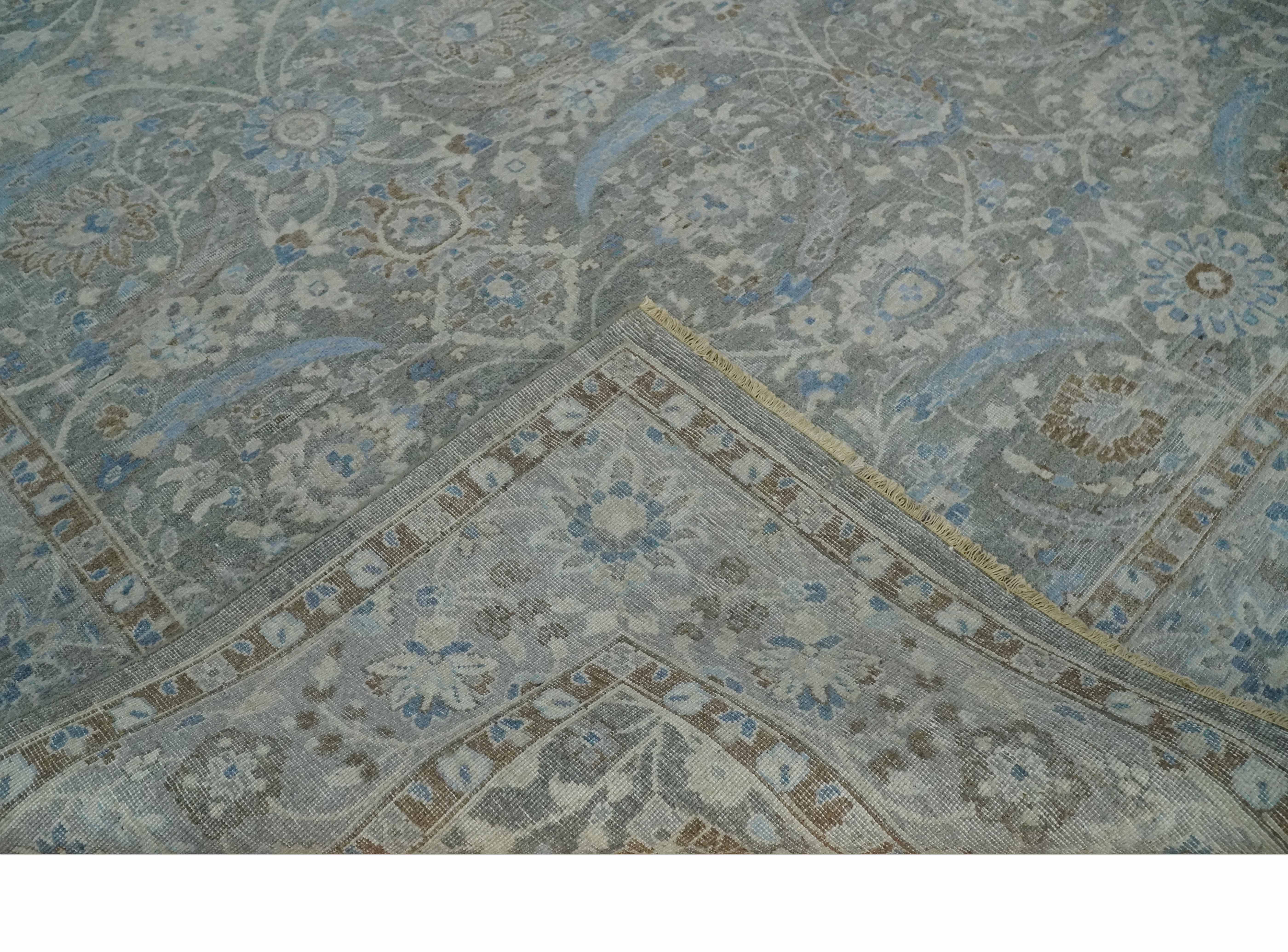 Antique Style Blue, Gray and Beige Hand knotted Classic Distressed Finished Custom Made wool Area Rug - Image 7