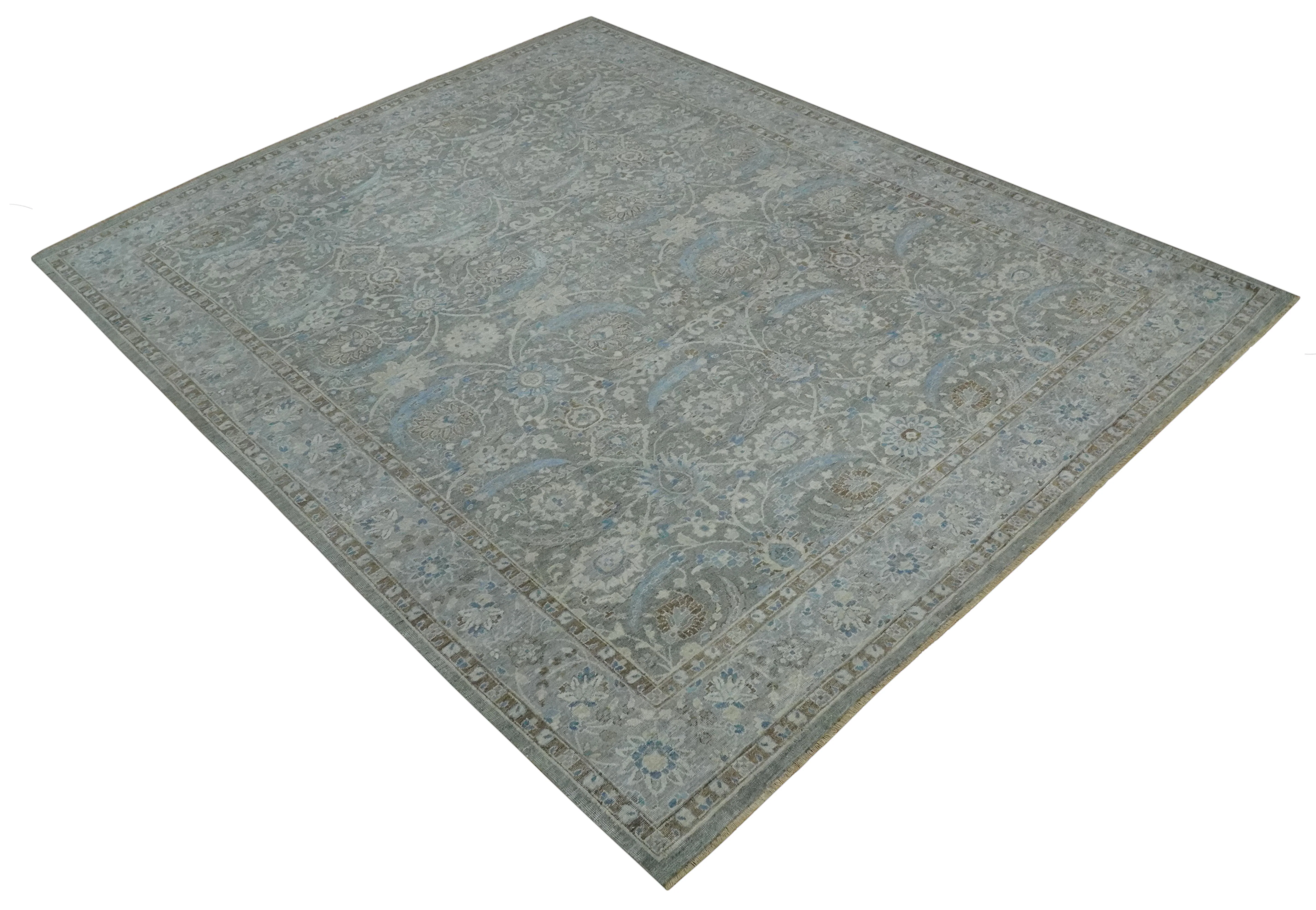 Antique Style Blue, Gray and Beige Hand knotted Classic Distressed Finished Custom Made wool Area Rug - Image 9