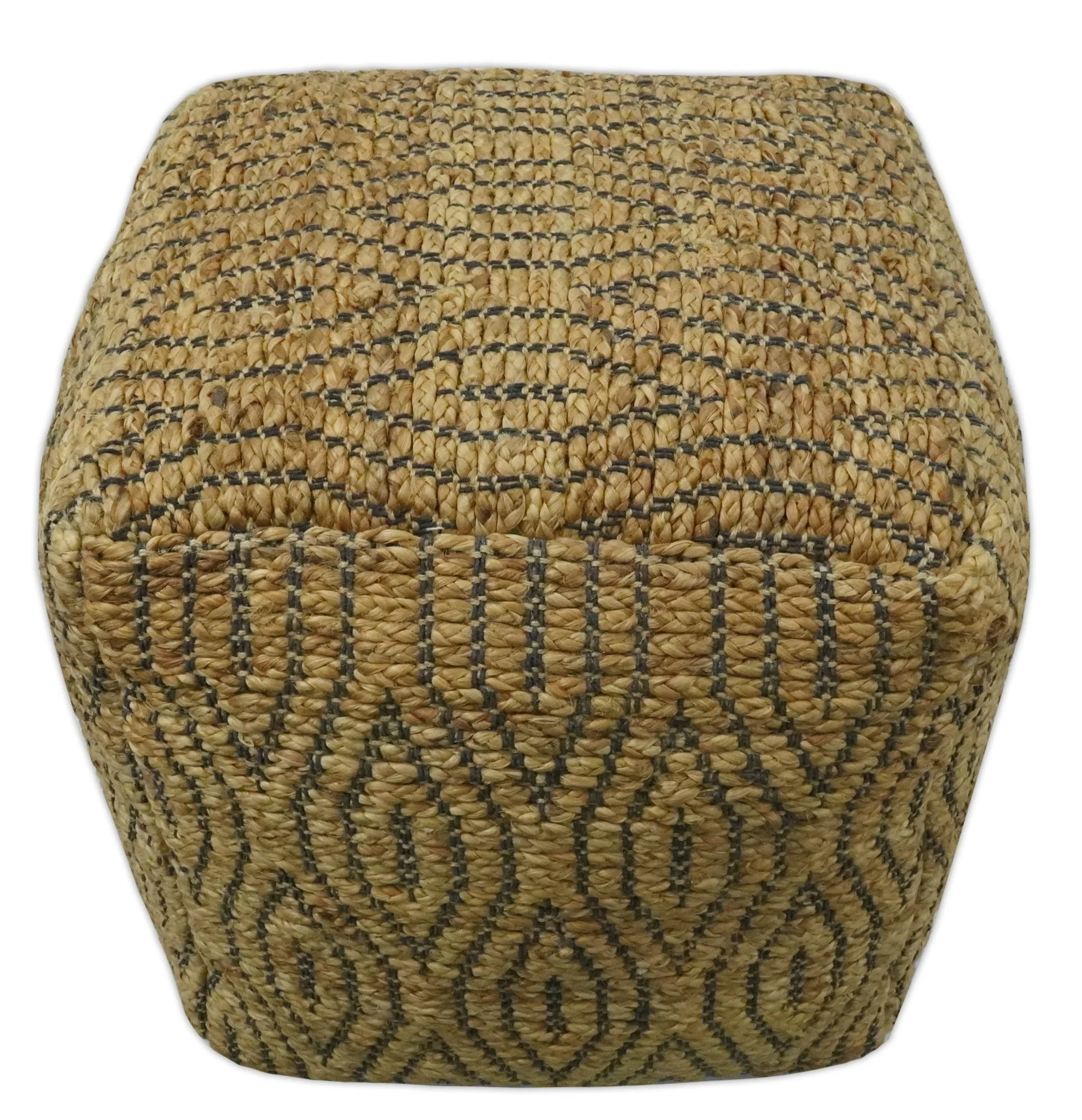 Natural Brown and Charcoal Hand Woven Geometrical Design Jute Pouf - Image 2