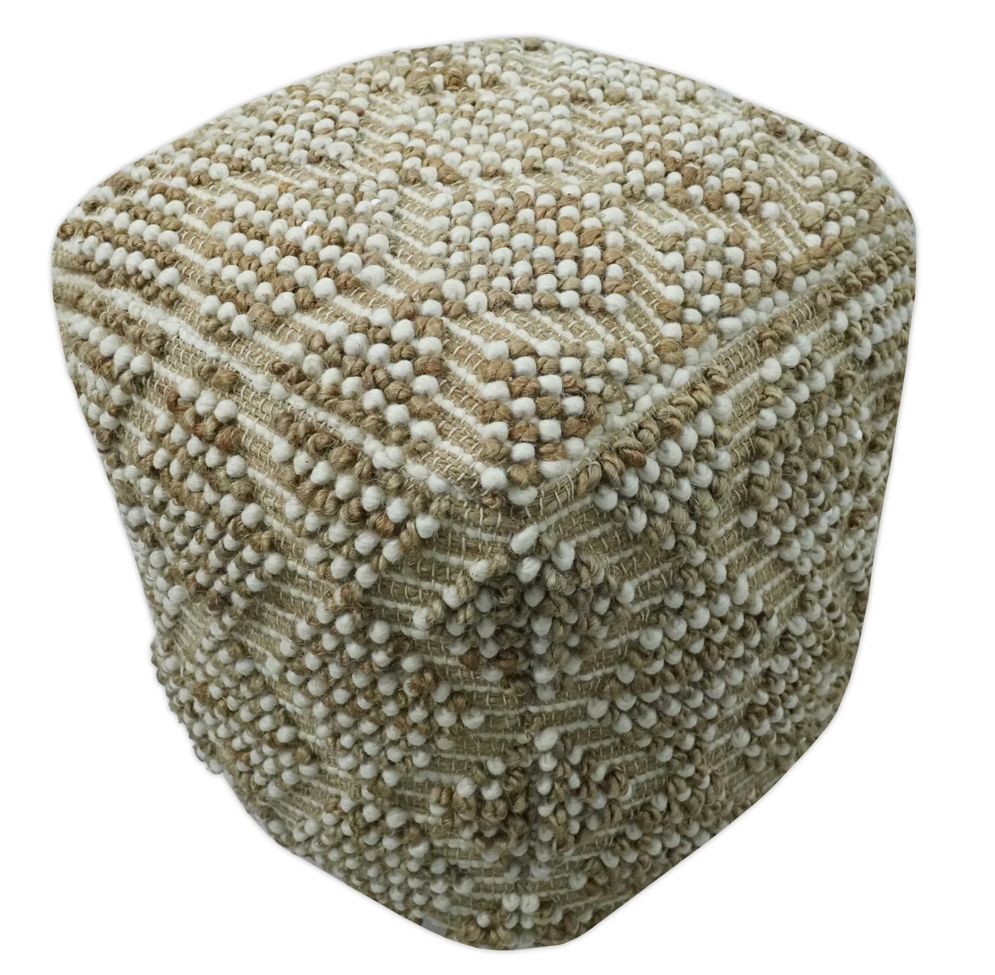 Modern Geometrical Natural Brown and Ivory Design Jute and wool Pouf - Image 2