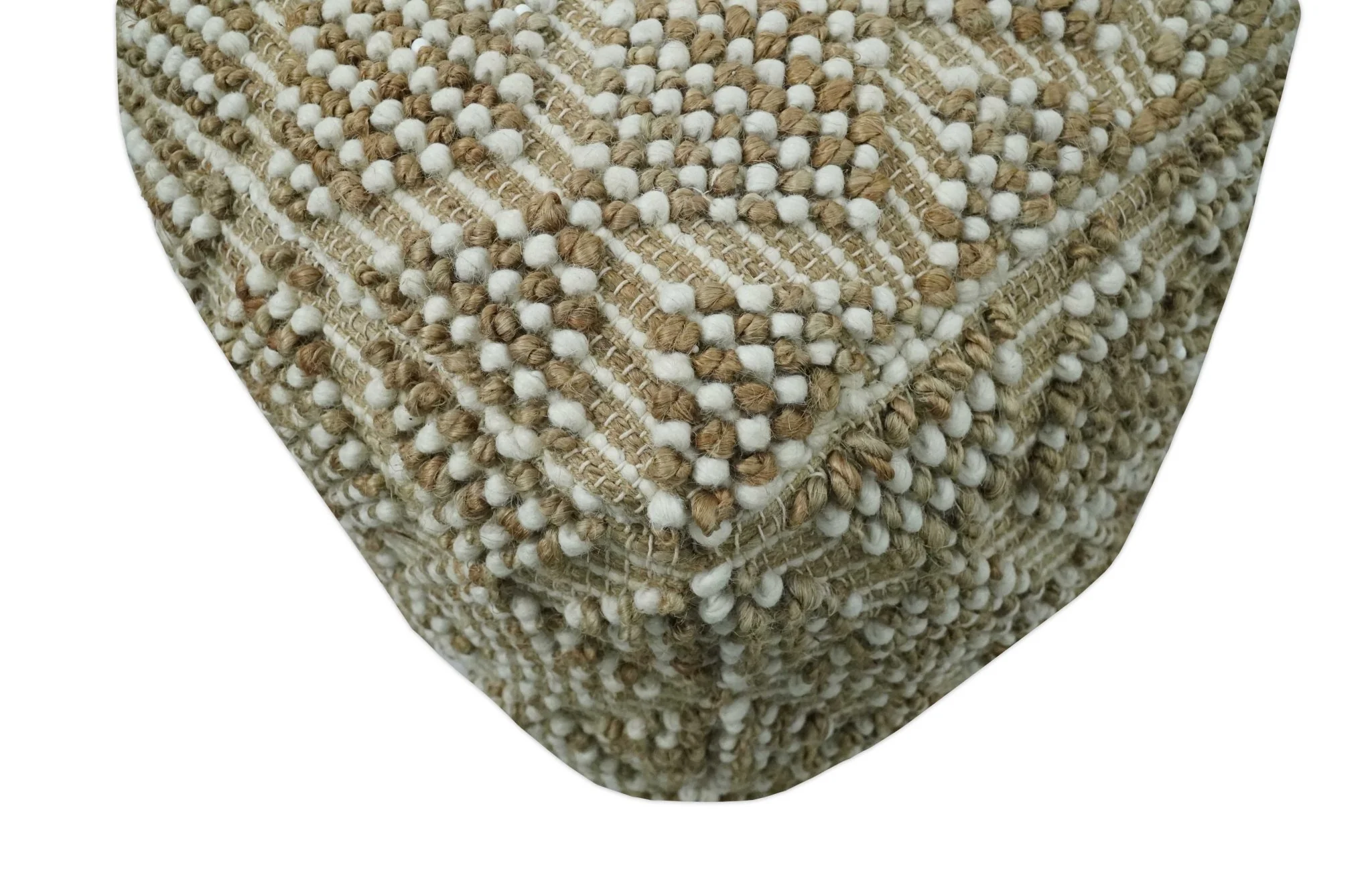 Modern Geometrical Natural Brown and Ivory Design Jute and wool Pouf - Image 5