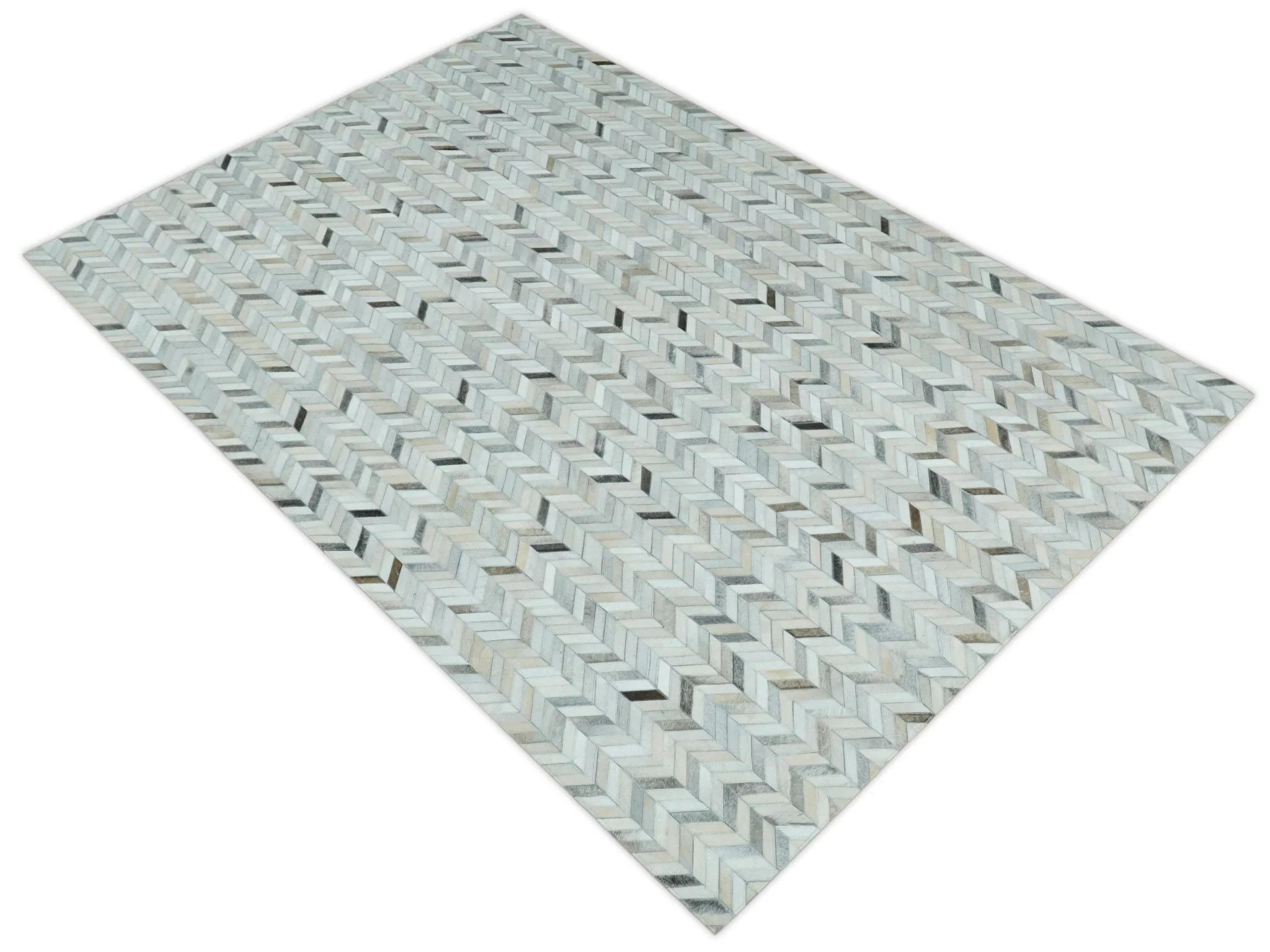 5x8 and 8x10 Genuine Leather Chevron Design Handmade Ivory and Silver Area Rug | LR4 - Image 3