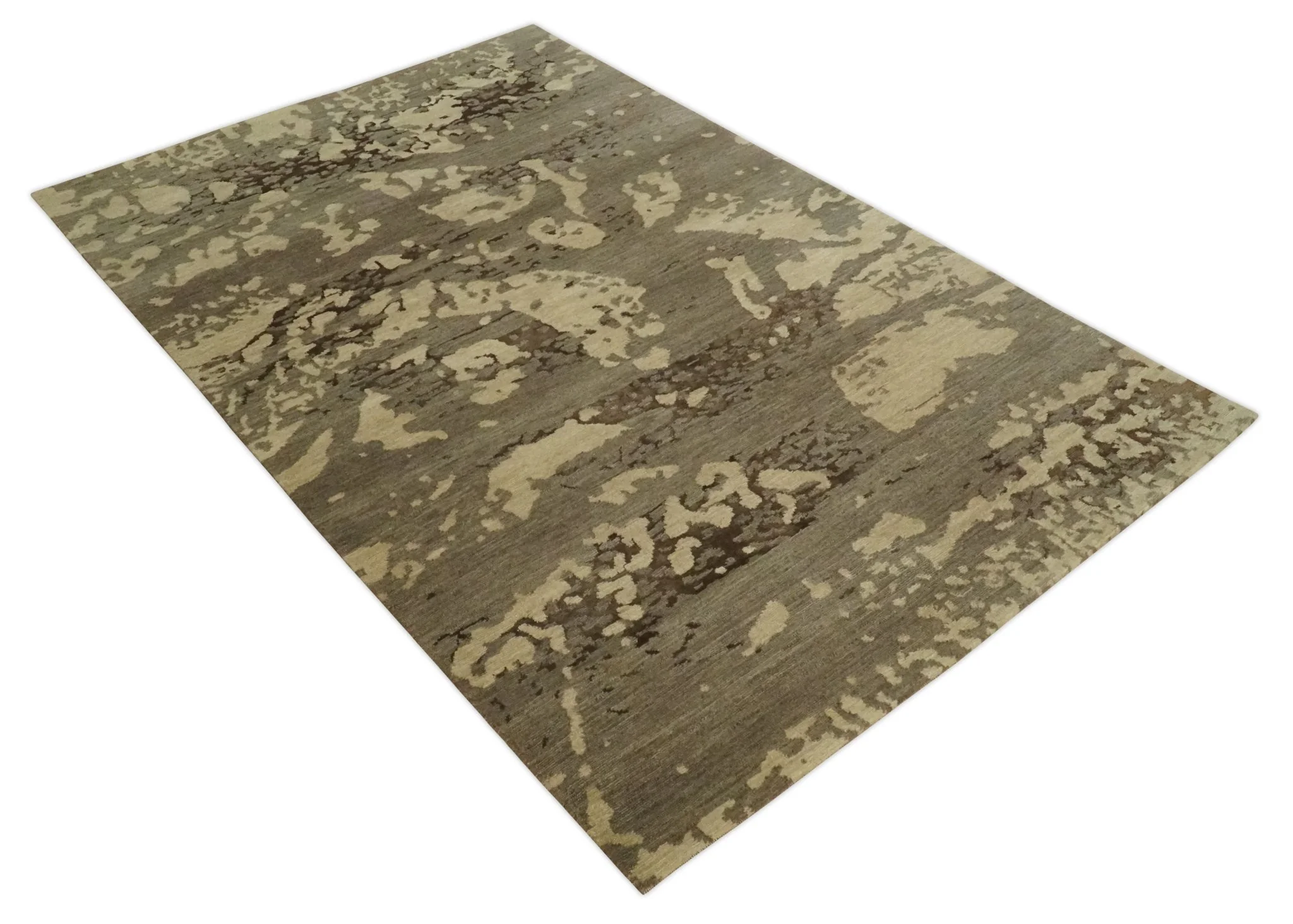 Olive and Brown Modern Abstract 5x8 Hand Knotted Wool and Silk Area Rug - Image 10