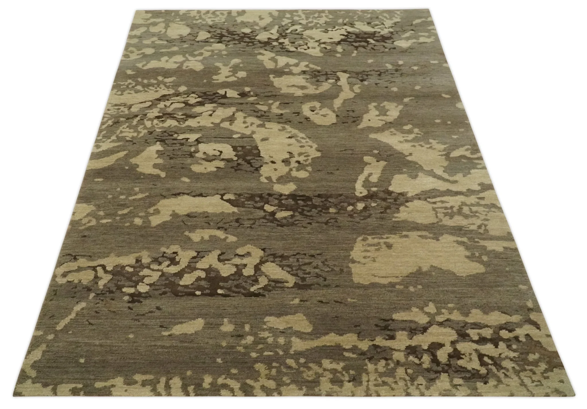 Olive and Brown Modern Abstract 5x8 Hand Knotted Wool and Silk Area Rug - Image 11