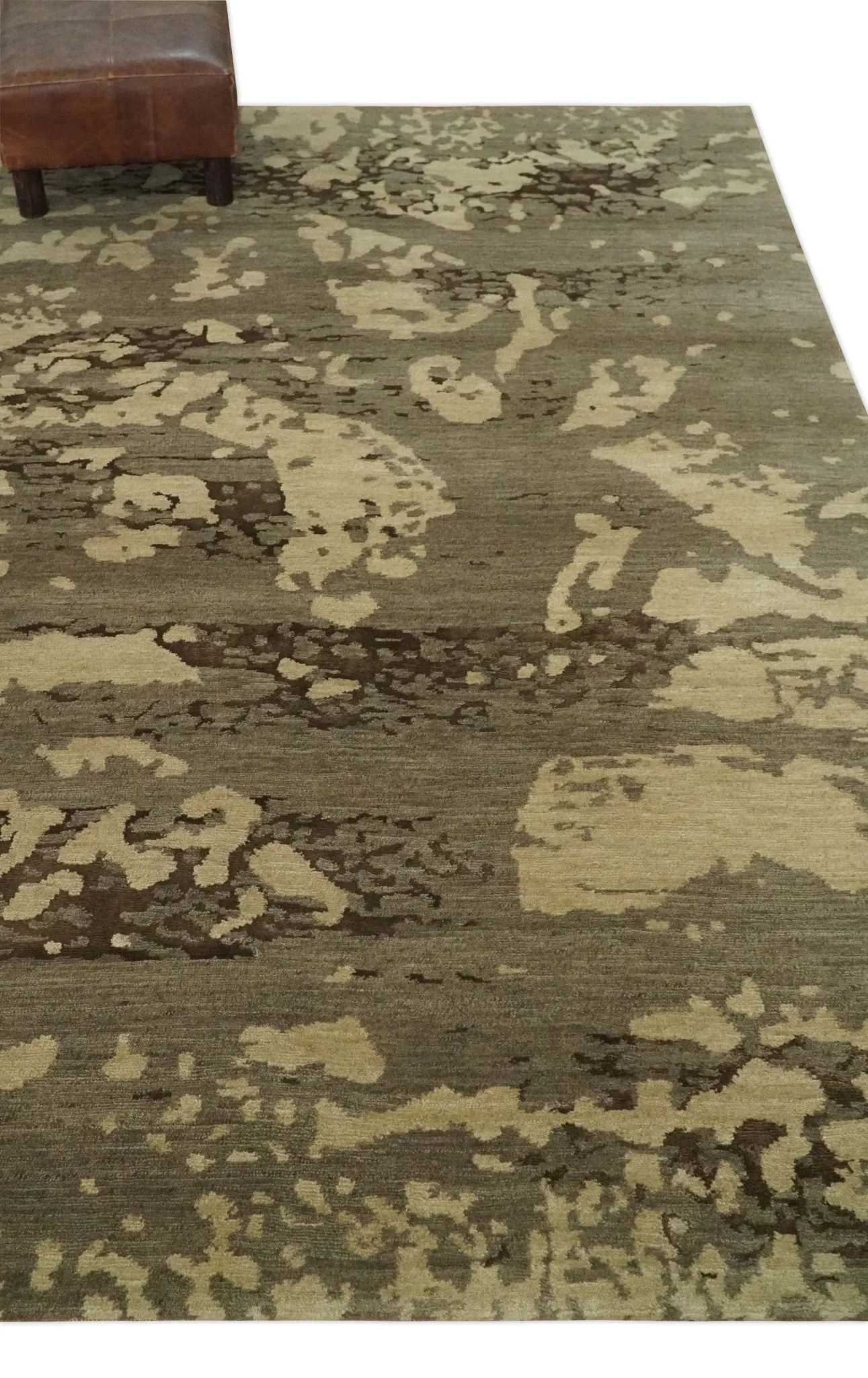 Olive and Brown Modern Abstract 5x8 Hand Knotted Wool and Silk Area Rug - Image 3