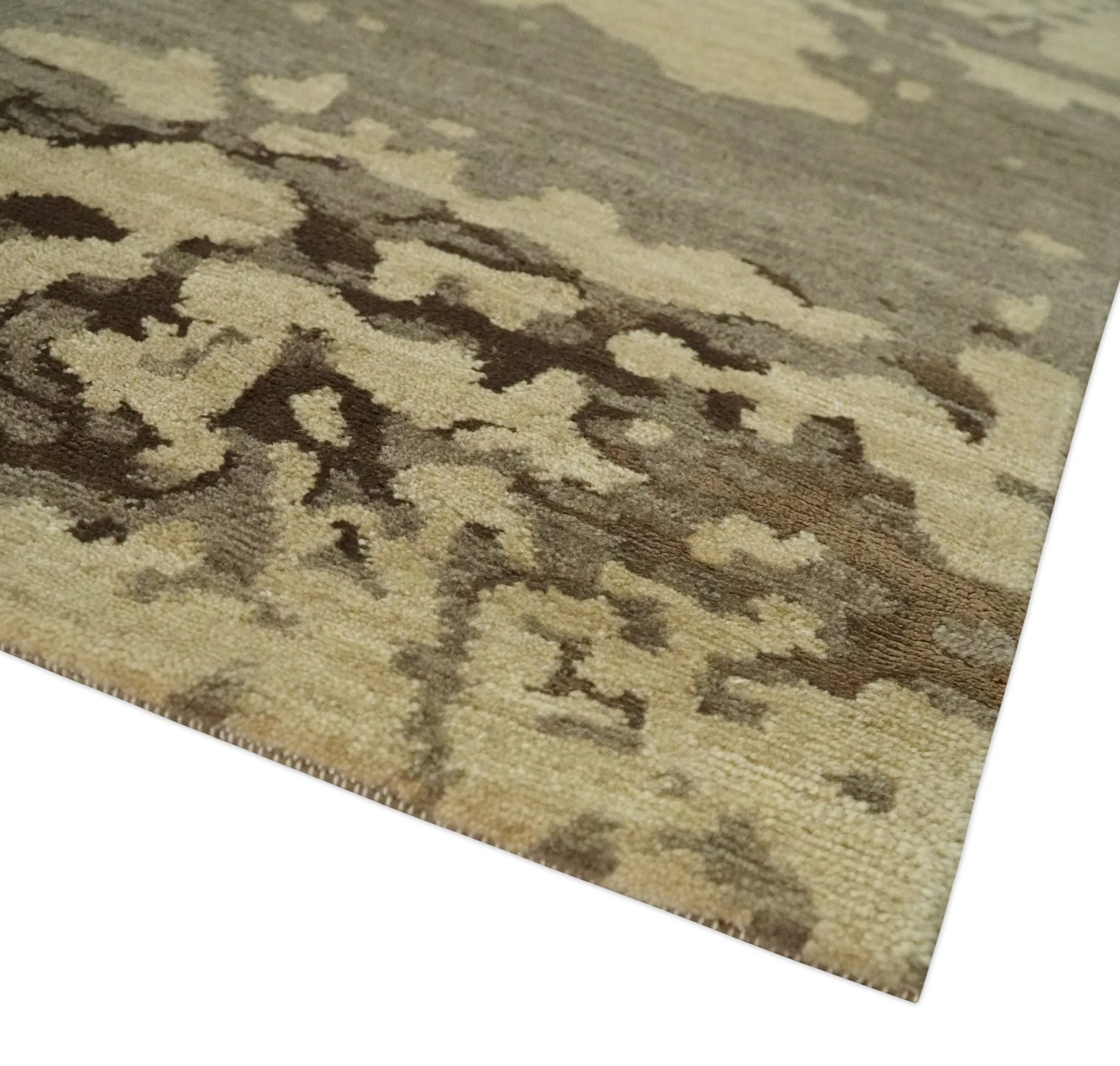 Olive and Brown Modern Abstract 5x8 Hand Knotted Wool and Silk Area Rug - Image 5