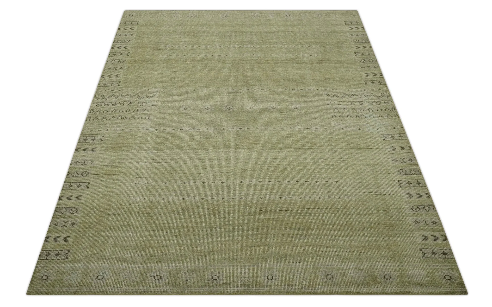 Warm Contemporary Hand Knotted Olive and Brown Design Custom Made Wool area rug - Image 9