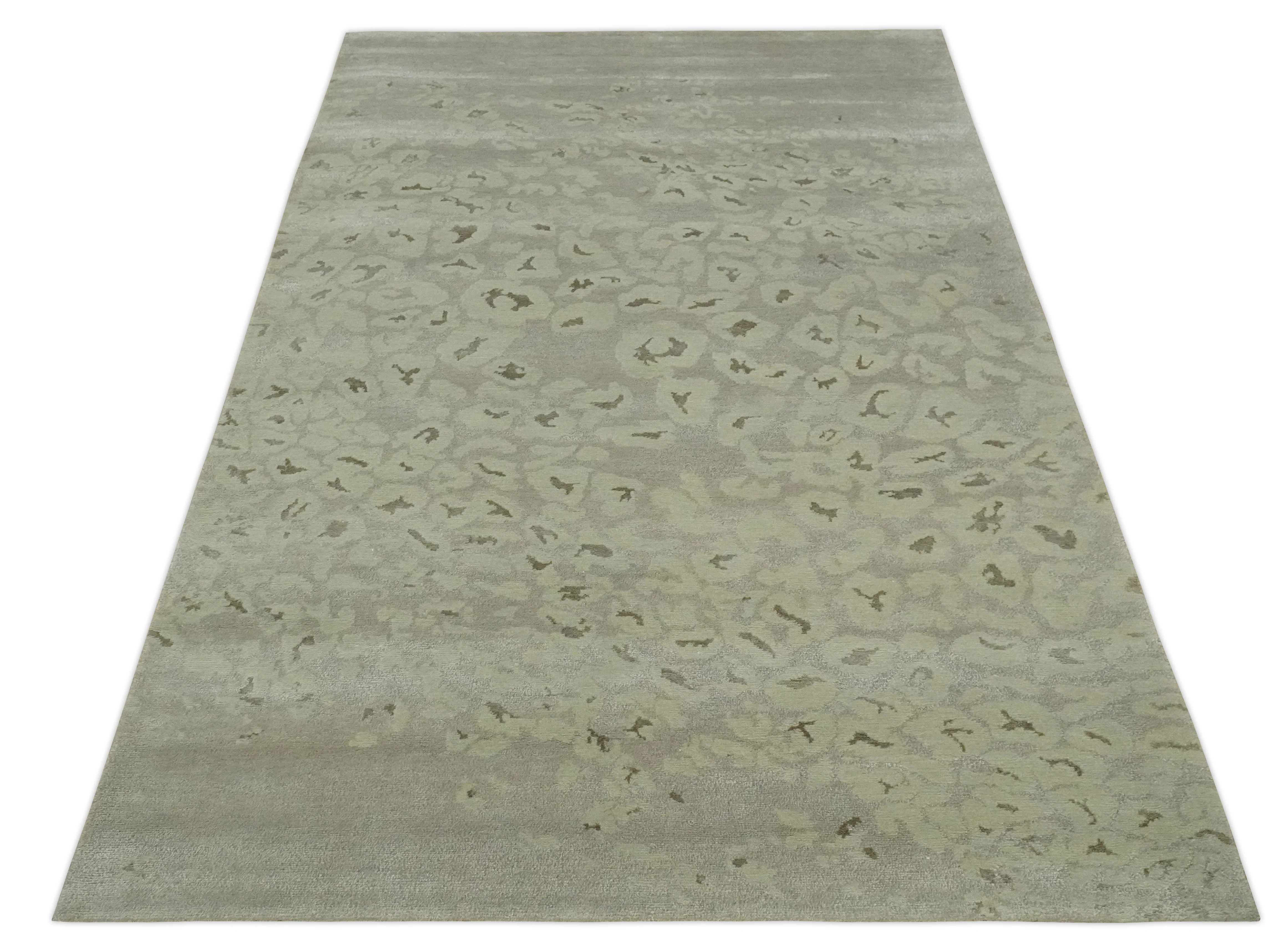 Olive and Dark Green and Silver 5x8 Hand Knotted Abstract Wool and Silk Area Rug - Image 10