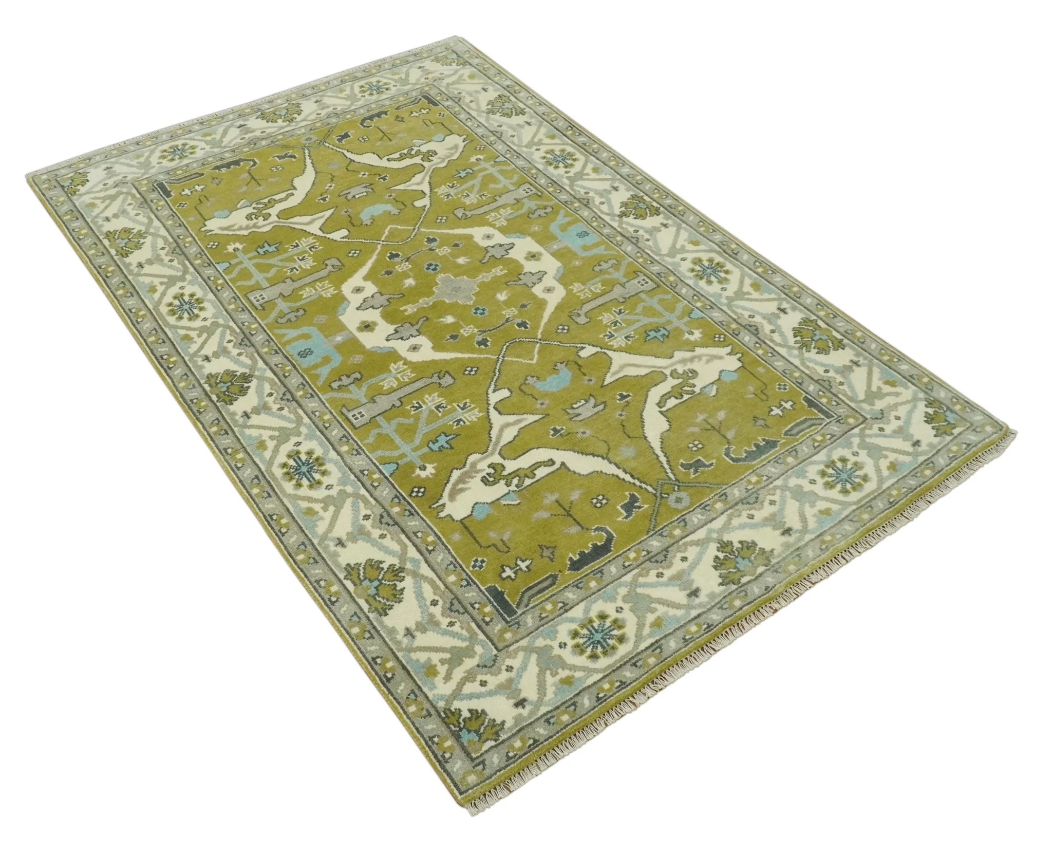 6x9 Olive and Ivory Hand Knotted Traditional Oriental Oushak wool area rug - Image 9