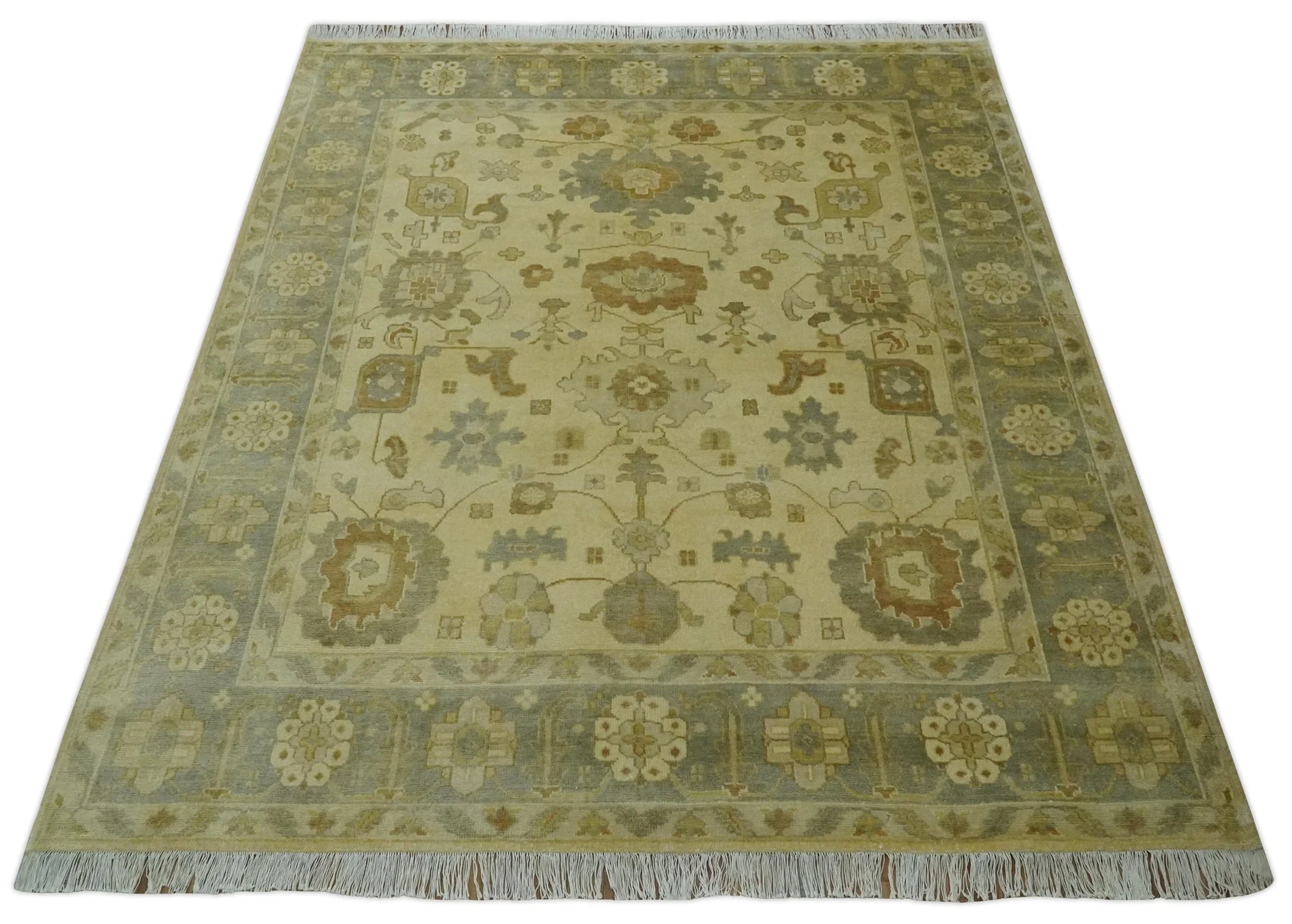 Olive, Beige and Gray Hand Knotted Traditional Oushak 8x10 wool Area Rug - Image 10